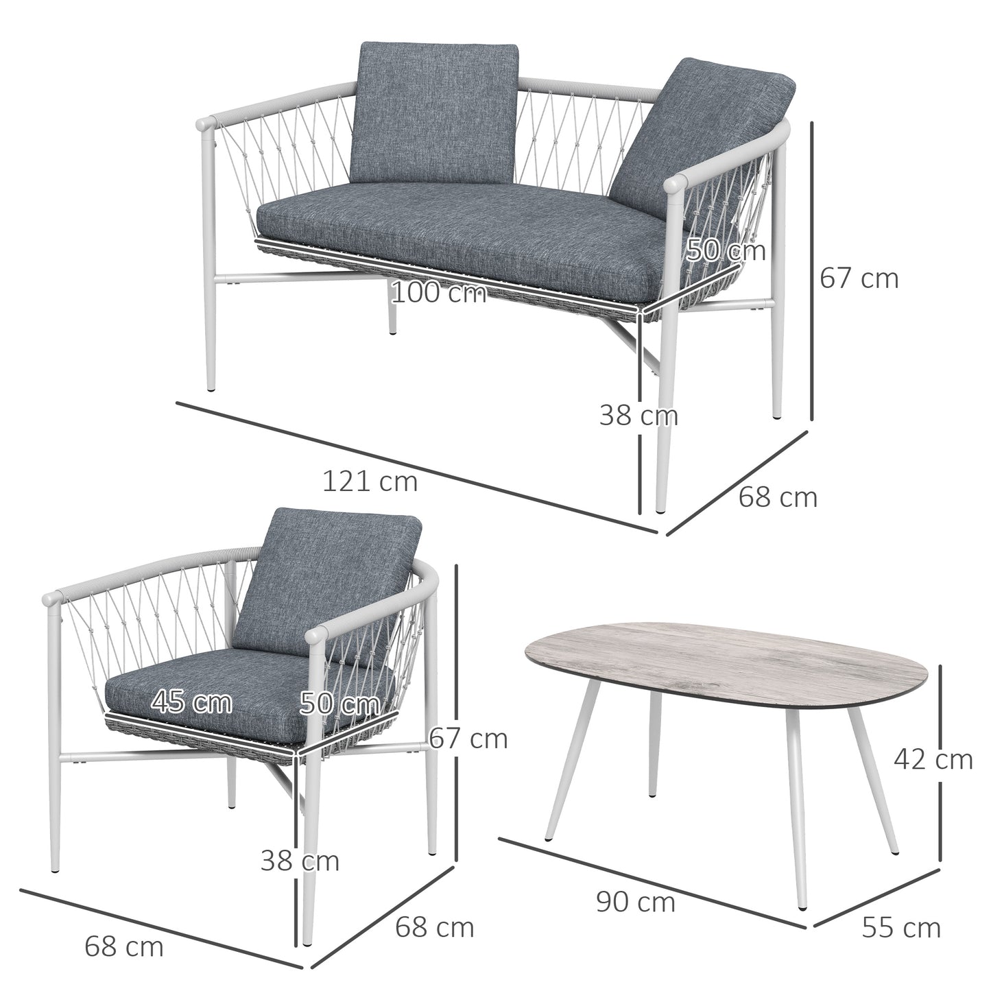 Outsunny Gartengarnitur, 4-teilig, Schaukelfunktion, Sitzauflagen, Polyrattan, Metallgestell, Grau