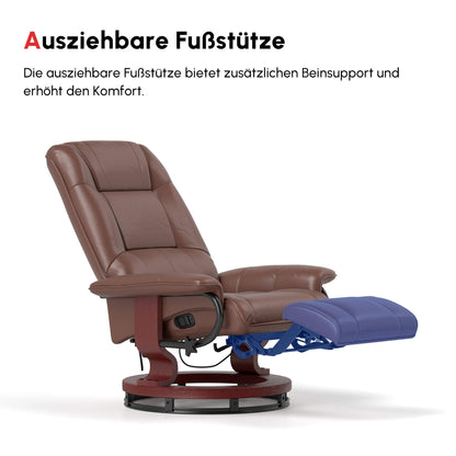 HOMCOM Relaxsessel, 145° neigbar, verstellbare Fußstütze, Kunstleder, 360° drehbar, bis 120 kg, Braun