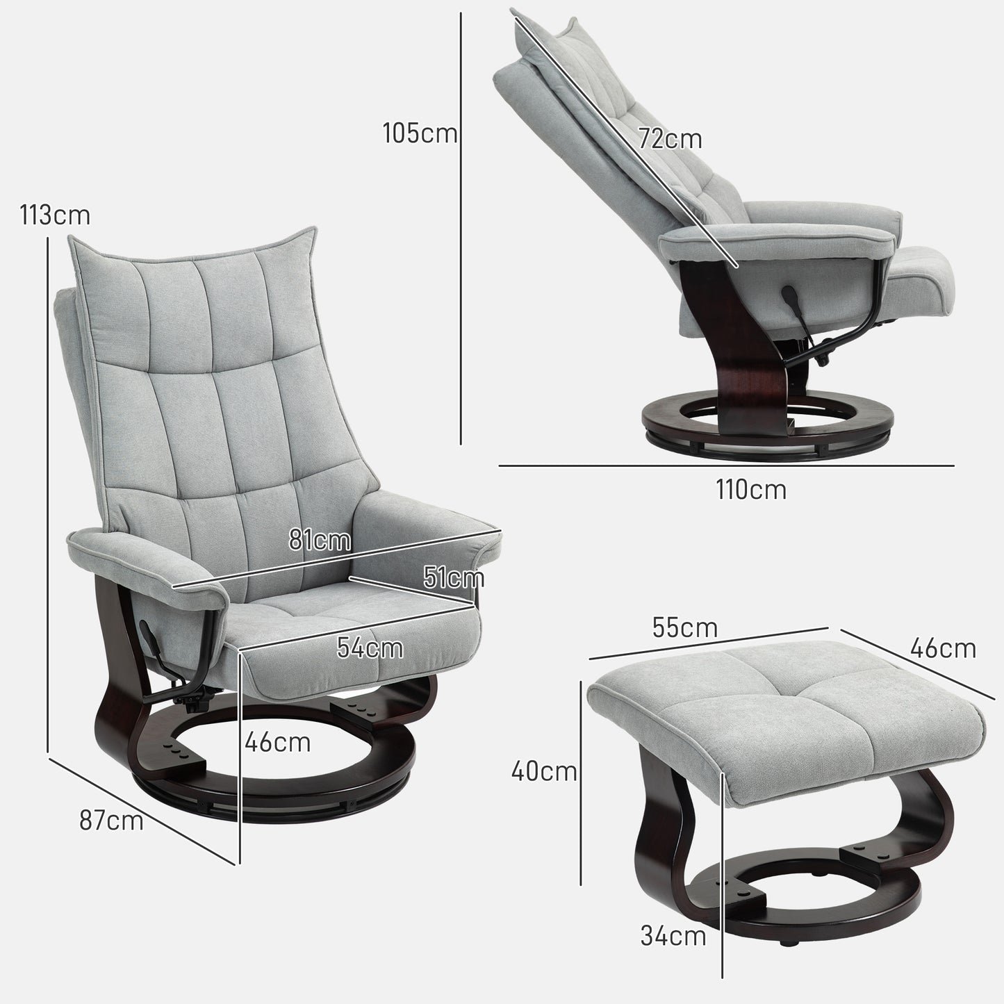 HOMCOM Relaxsessel mit Hocker, drehbar, Wippfunktion, verstellbare Rückenlehne, bis 150 kg, Grau