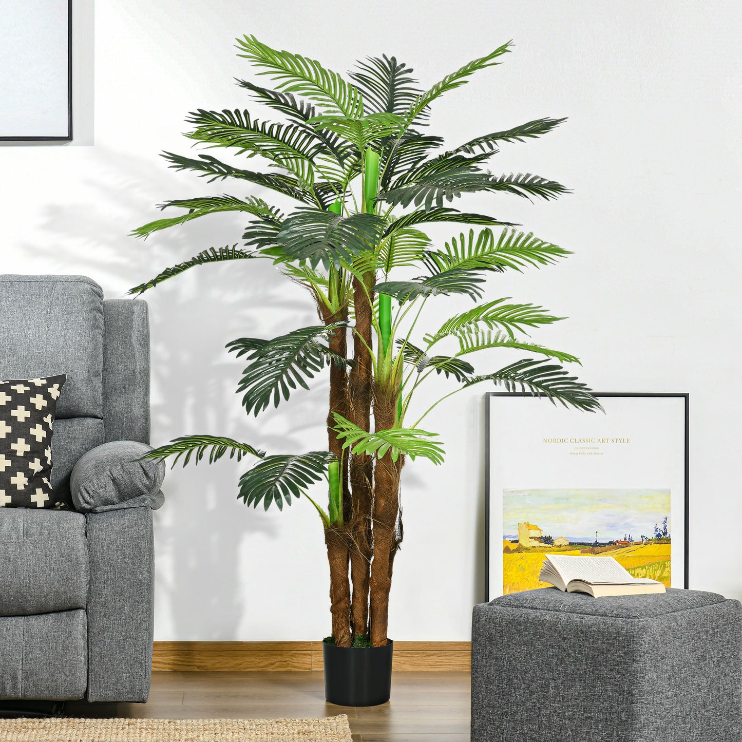 HOMCOM Künstliche Palme, 1,6 m, realistische Zweige, Dekorationspflanze, Kunststoff, mit Topf, Braun+Grün