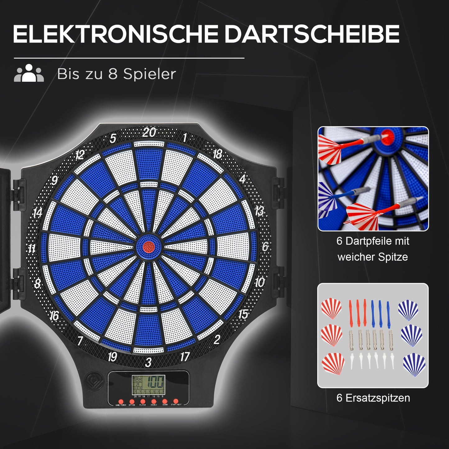 SPORTNOW Dartscheibe, elektronisch, 31 Spiele und 285 Programme, für 8 Spieler, 2 Türen, 6 Pfeile, Sound, schwarz, 83 x 45 x 4 cm