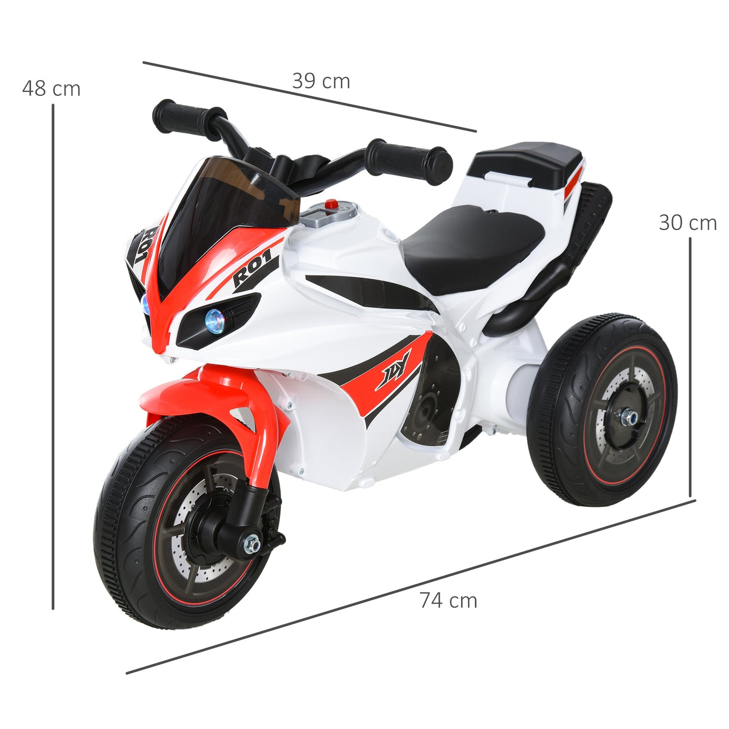 HOMCOM Laufrad, Rutscher, Kindermotorrad, 18-36 Monate, Musik/Licht, bis 20 kg, Weiß/Rot