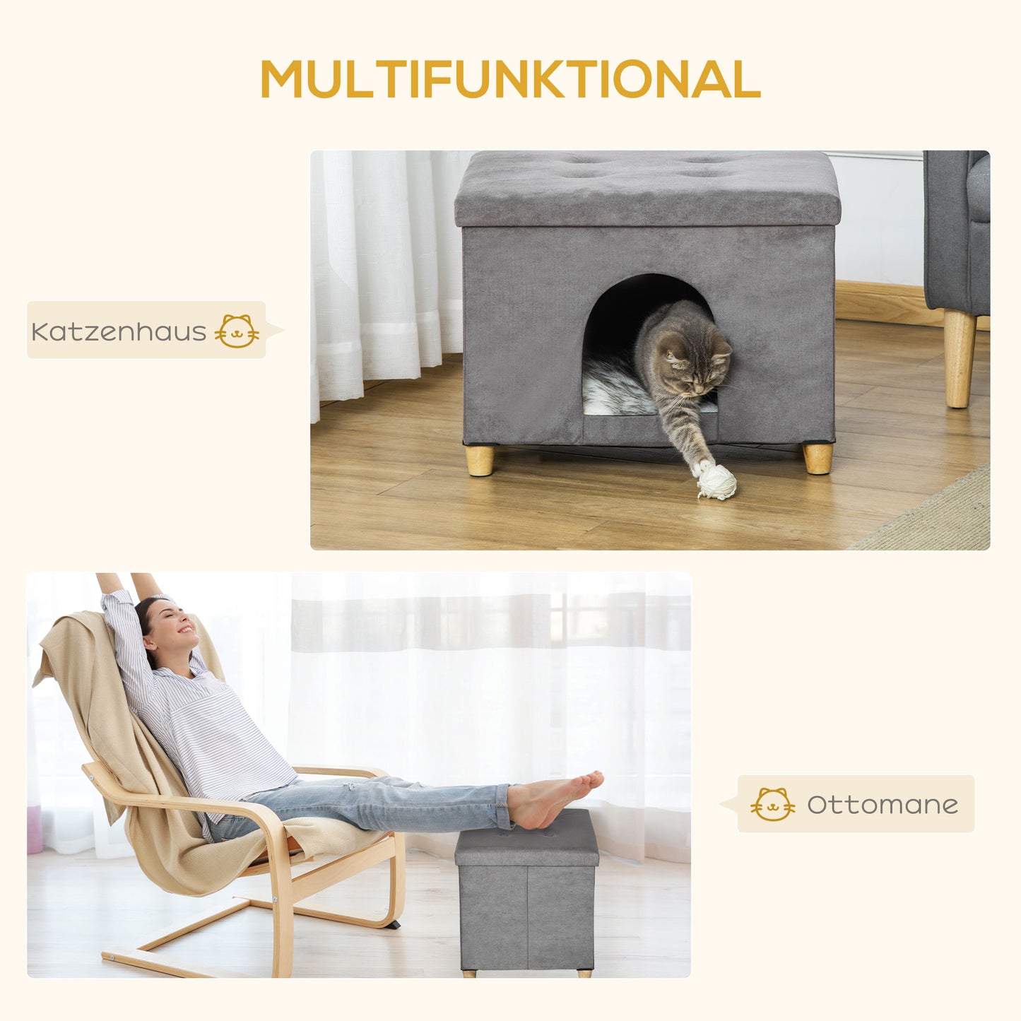 PawHut 2-IN-1 Katzenhöhle Fußhocker mit Kissen Holzbeine Katzenhaus Katzenkorb weich gepolstert Ottomane elegantes Design abnehmbar MDF Plüsch Grau 60 x 45 x 44,5 cm
