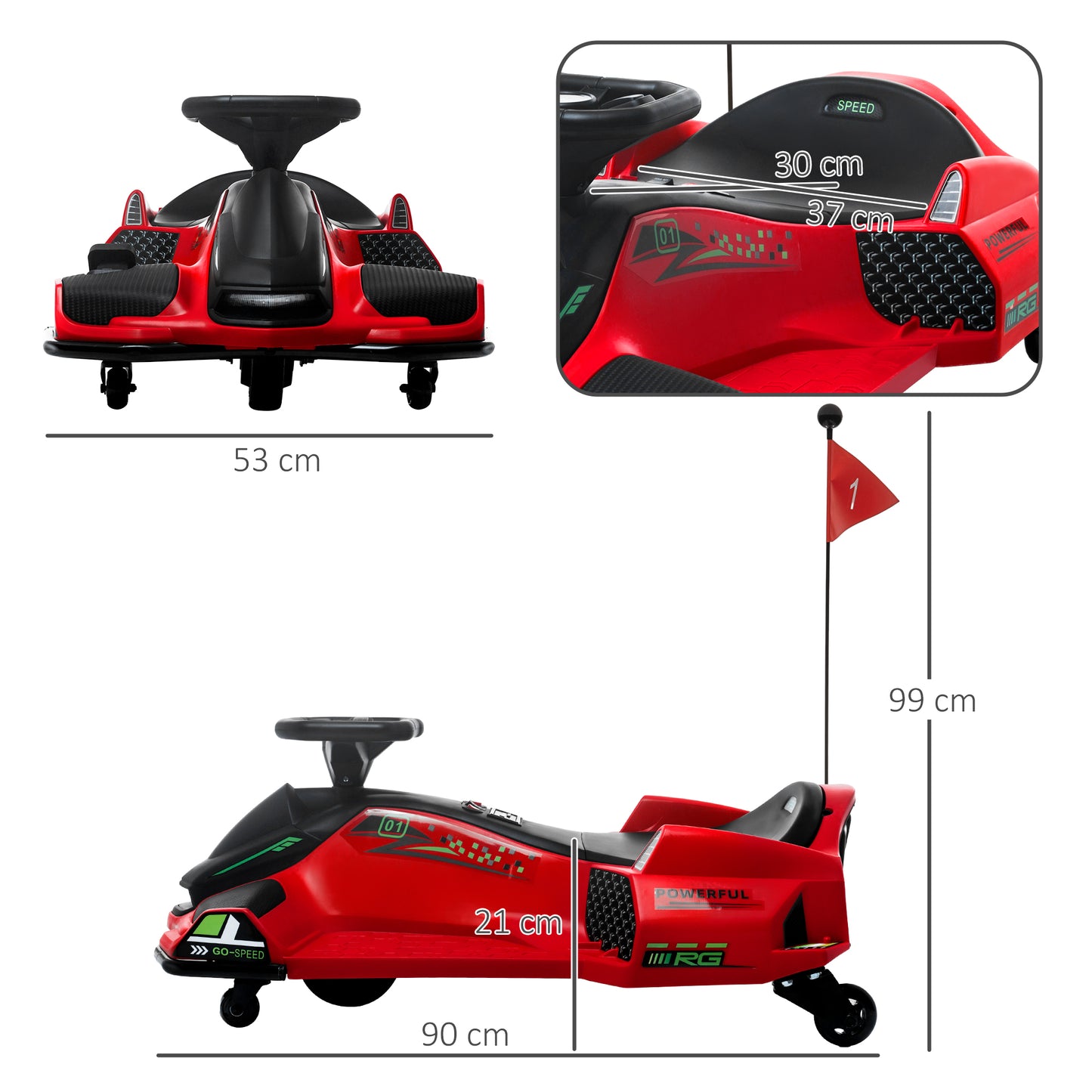 HOMCOM Elektrisches Go-Kart für Kinder, Gummiräder, 3-8 km/h, mit Lichtern und Musikfunktion, Rot