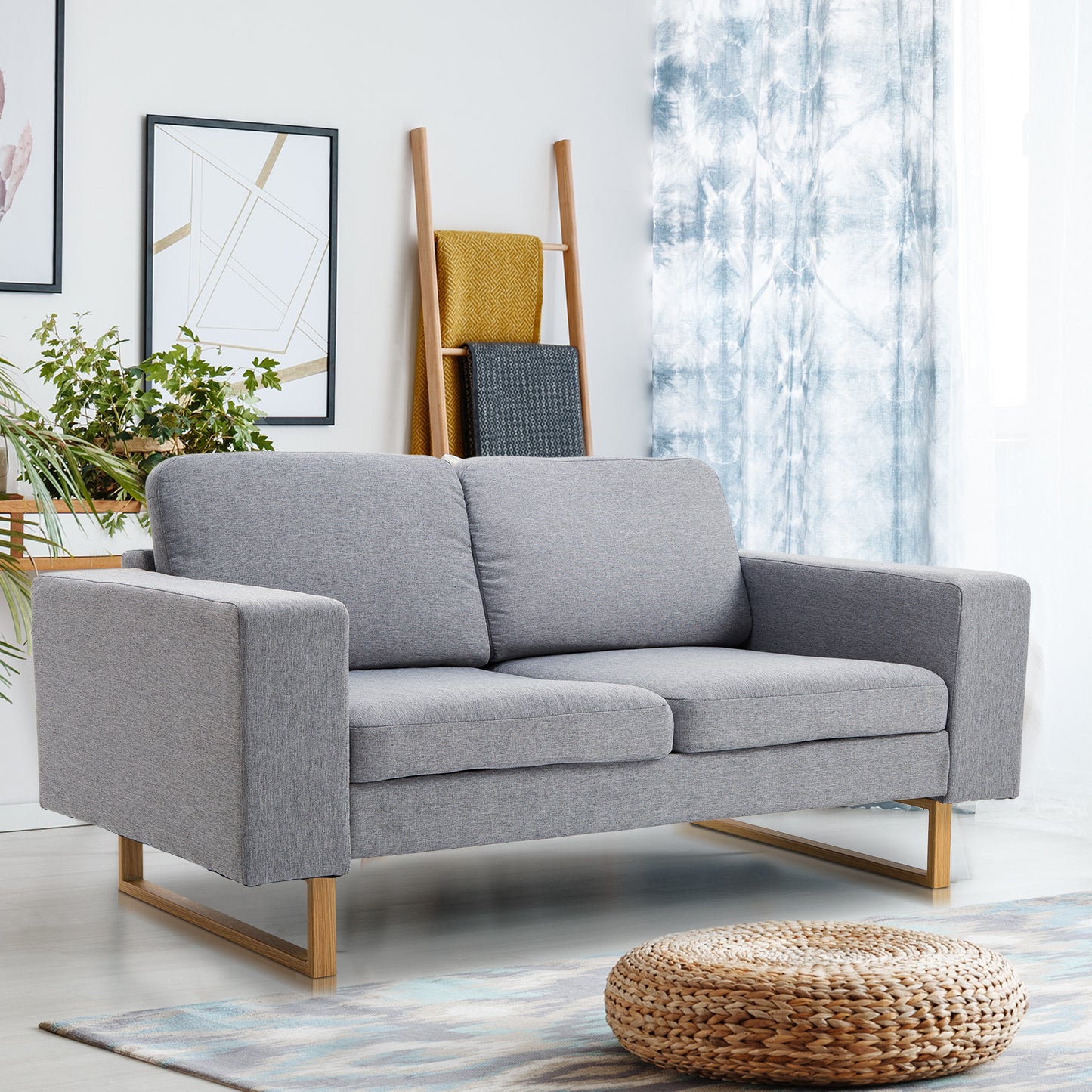 HOMCOM® 2-Sitzer Sofa Stoffsofa Ecksofa Polstersofa Sitzmöbel Armlehne Holz hellgrau 145 x 82 x 78 cm