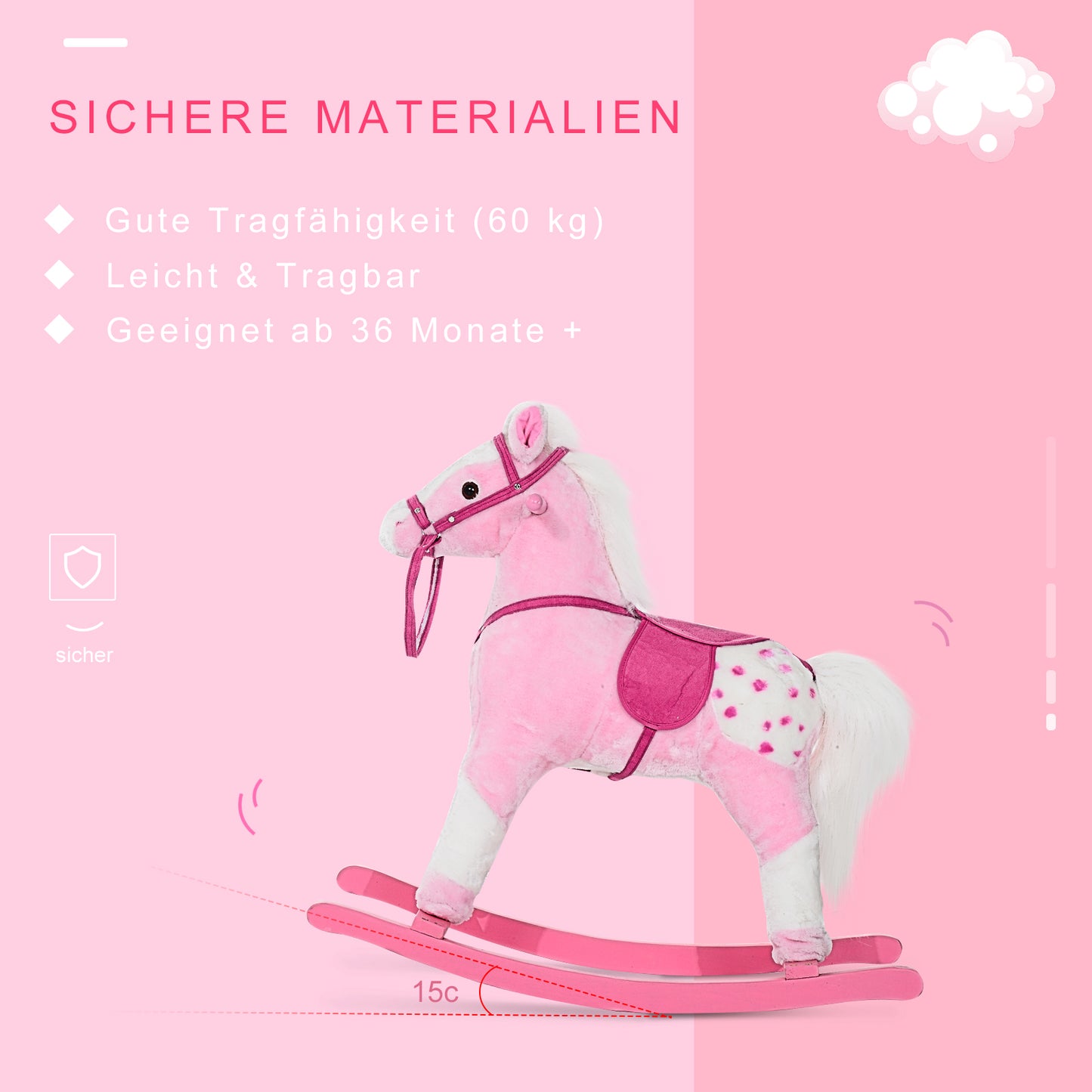 HOMCOM Schaukelpferd Schaukeltier mit Sound Effekt, Haltegriffen Plüsch Baby Schaukelspielzeug Schaukel für 3-6 Jahre Kinder