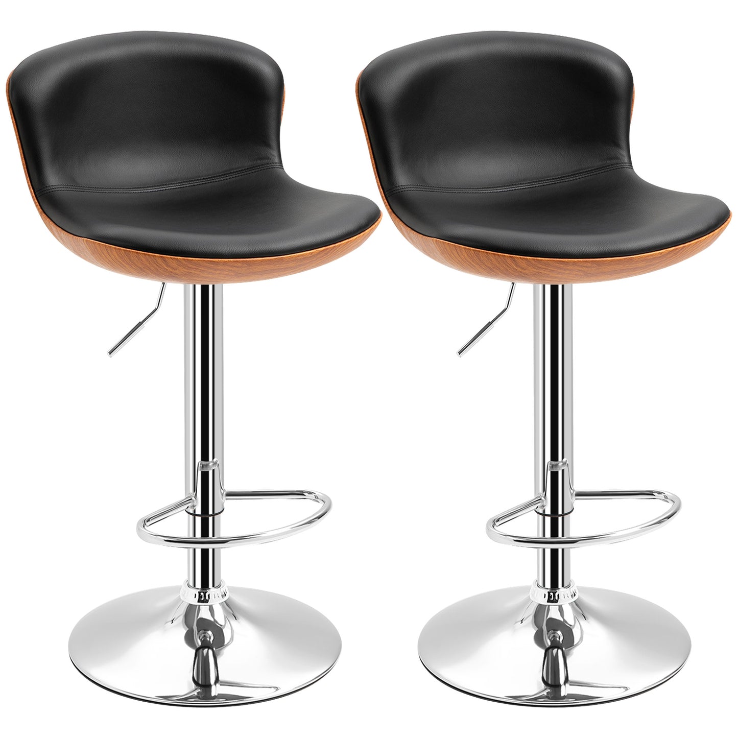 HOMCOM 2er-Set Barhocker mit Fußstütze, Barstuhl mit Rückenlehne, Bistrohocker, Esszimmerstuhl höhenverstellbar drehbar, Kunstleder, Schwarz, 46 x 53,5 x 85-106 cm