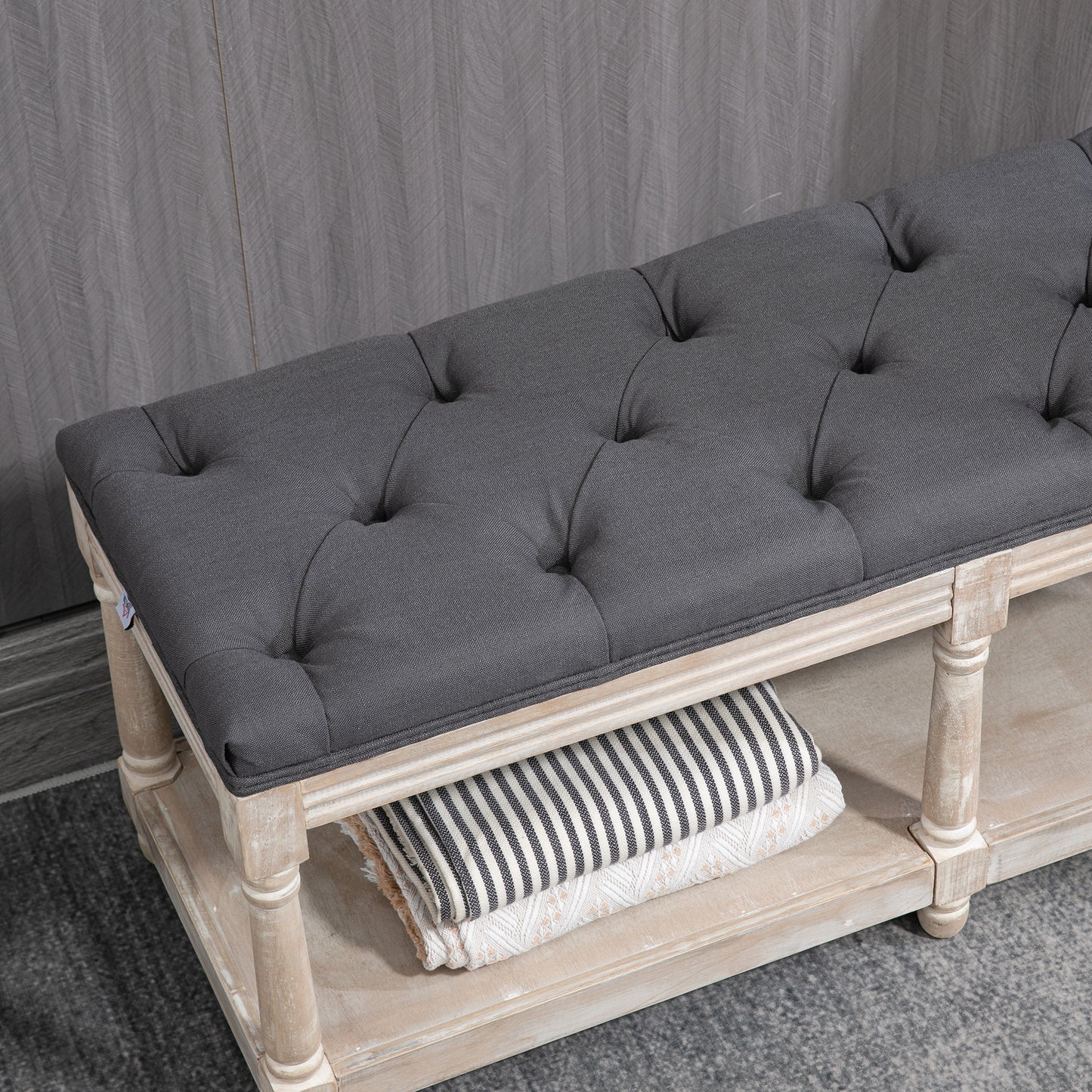 HOMCOM Sitzbank mit Stauraum, Vintage-Design, Knopfheftung, Kautschukbaumholz, 115x40x48cm, Grau