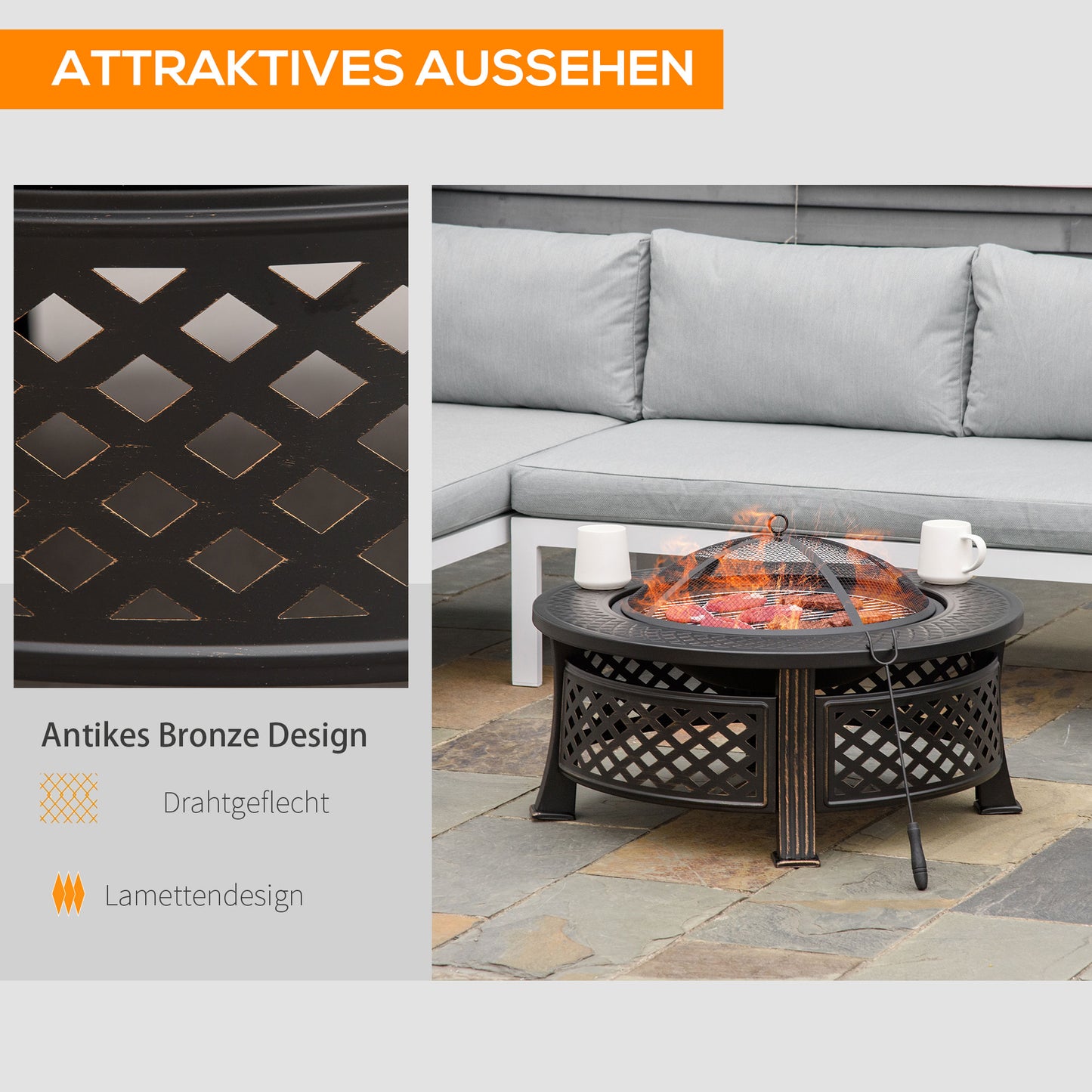 Outsunny Feuerschale mit Schürhaken Funkenschutz Feuerkorb Feuertisch rund Feuerstelle für Garten Camping BBQ Stahl Schwarz 81 x 81 x 50 cm