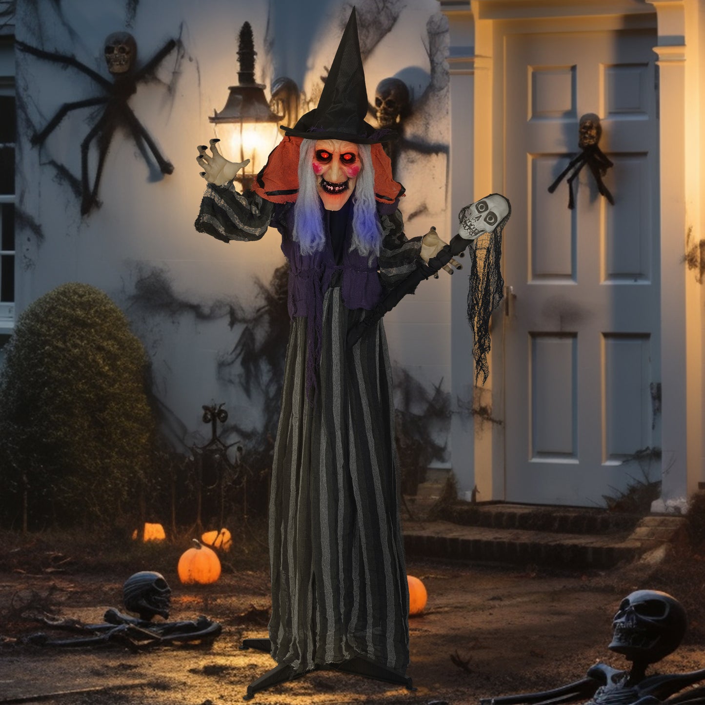 Outsunny 160 cm Halloween Dekoration Halloween Hexe mit LED-Lichter, Soundfunktion verstellbare Arme, Körper