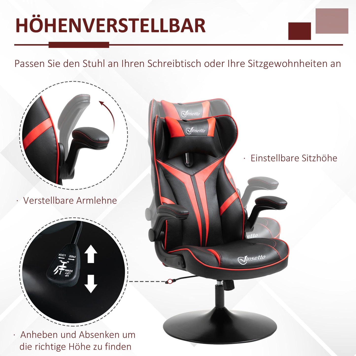 Vinsetto Gaming Stuhl ergonomischer Computerstuhl mit Wippfunktion Drehstuhl höhenverstellbar Stahl Schwarz+Rot 67 x 70 x 106-112 سم