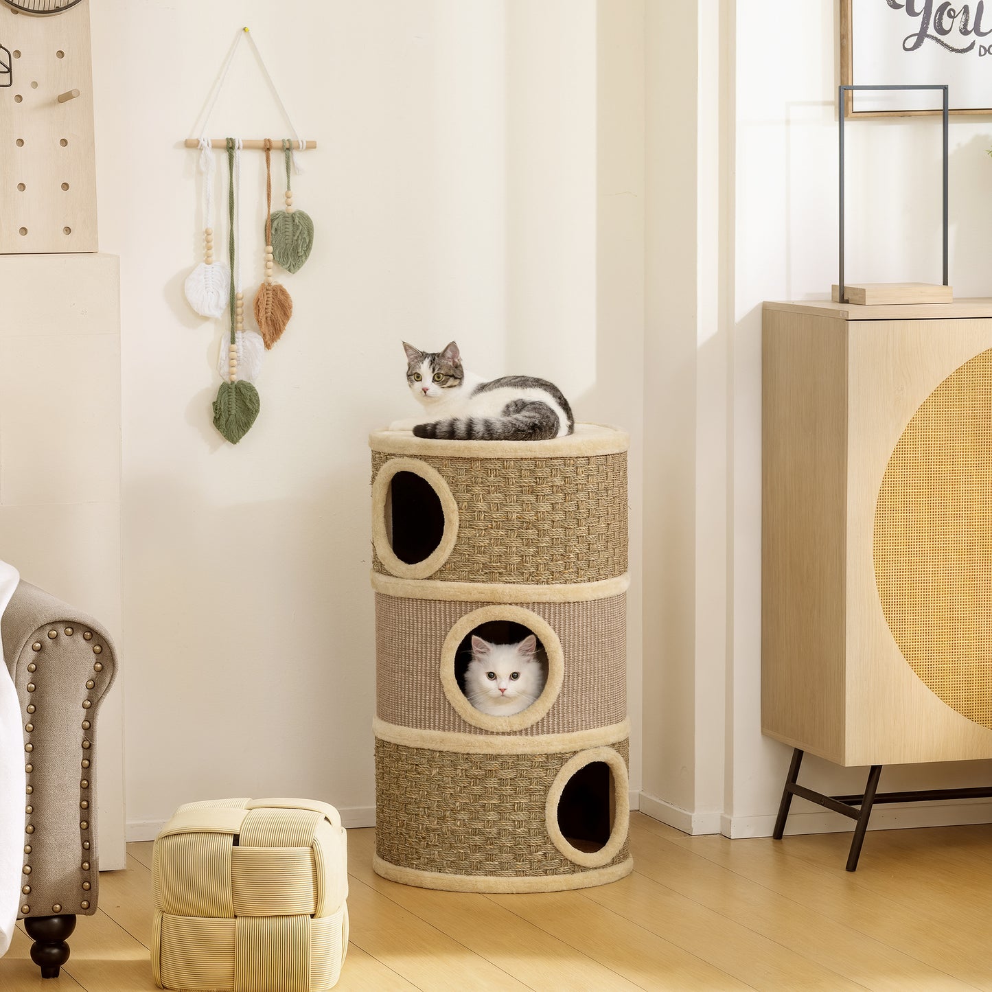 PawHut Kratztonne, 79 cm hoch, Ø45 cm, dreistöckige Katzentonne mit Sisalseil, Katzenhöhle, für große Katzen, Khaki+Braun