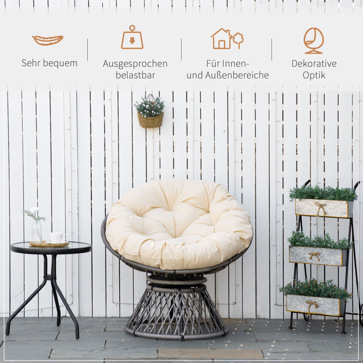 Outsunny Papasansessel, Korbsessel, Sitzkissen, Kunstrattan, drehbar, Metallrahmen, 87 x 97 x 90 cm, Beige