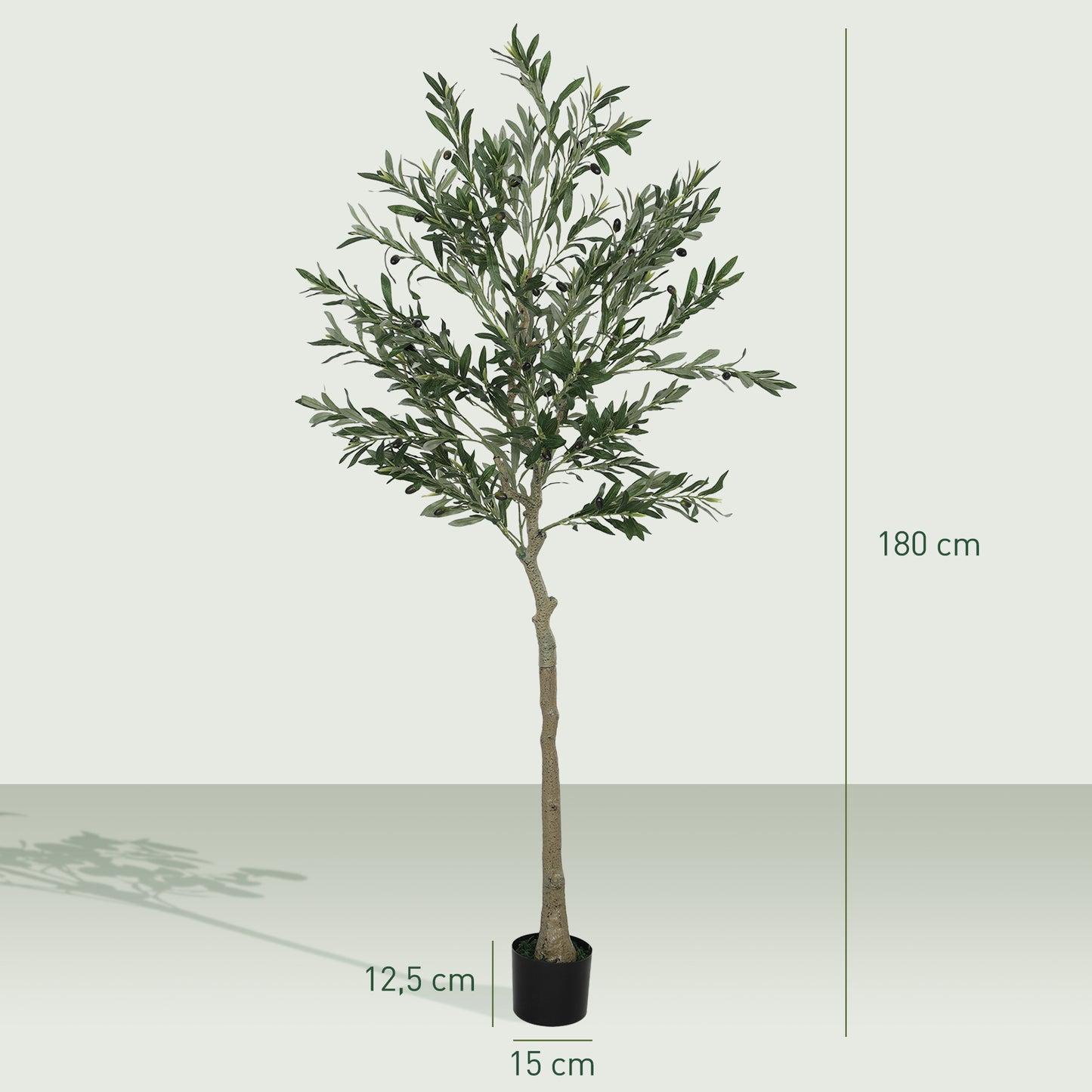 HOMCOM Kunstpflanze, Künstlicher Olivenbaum, 180 cm, 900 Blätter, 40 Oliven, stabiler Blumentopf, Dekorationspflanze, Grün