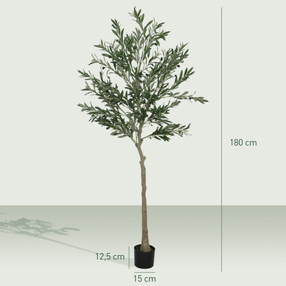 HOMCOM Kunstpflanze, Künstlicher Olivenbaum, 180 cm, 900 Blätter, 40 Oliven, stabiler Blumentopf, Dekorationspflanze, Grün