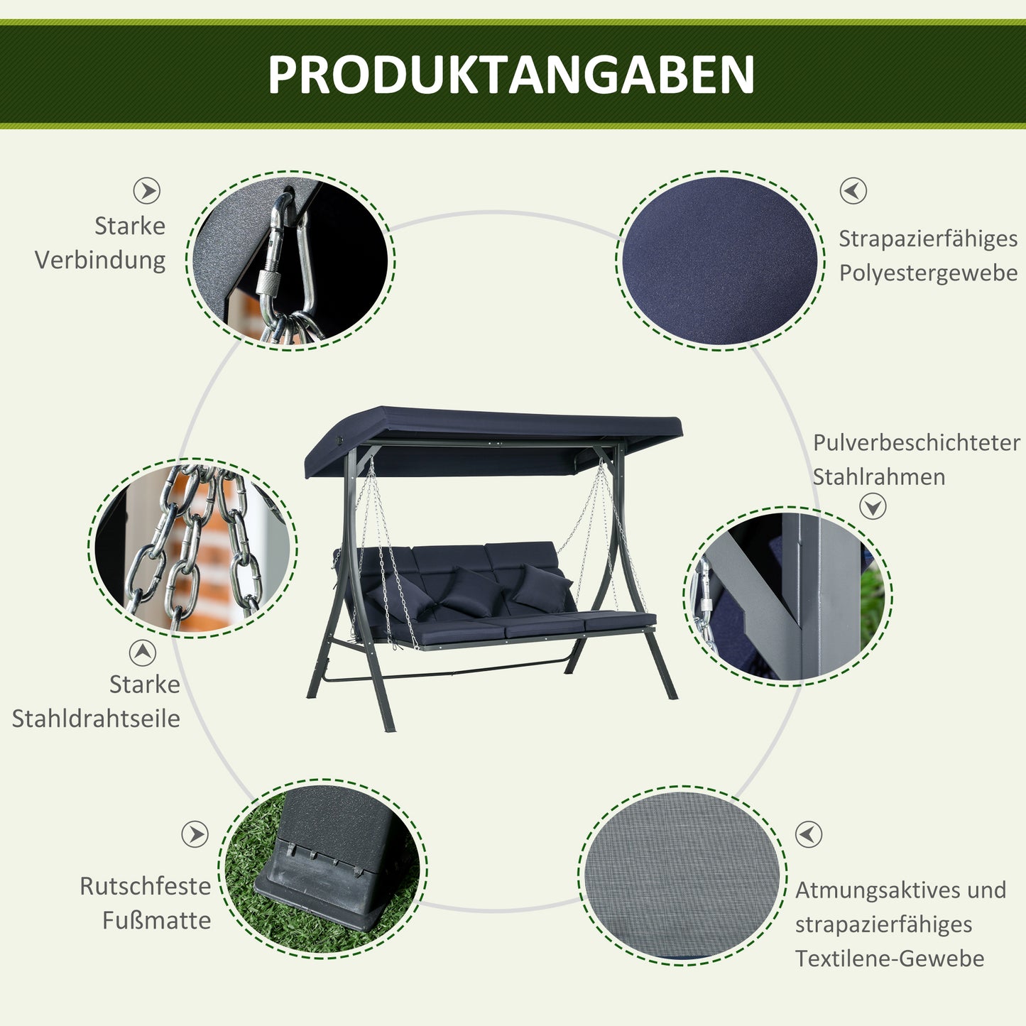 Outsunny Hollywoodschaukel Gartenschaukel, 3 Personen, verstellbares Sonnendach, 198 x 118 x 168 cm, Dunkelgrau