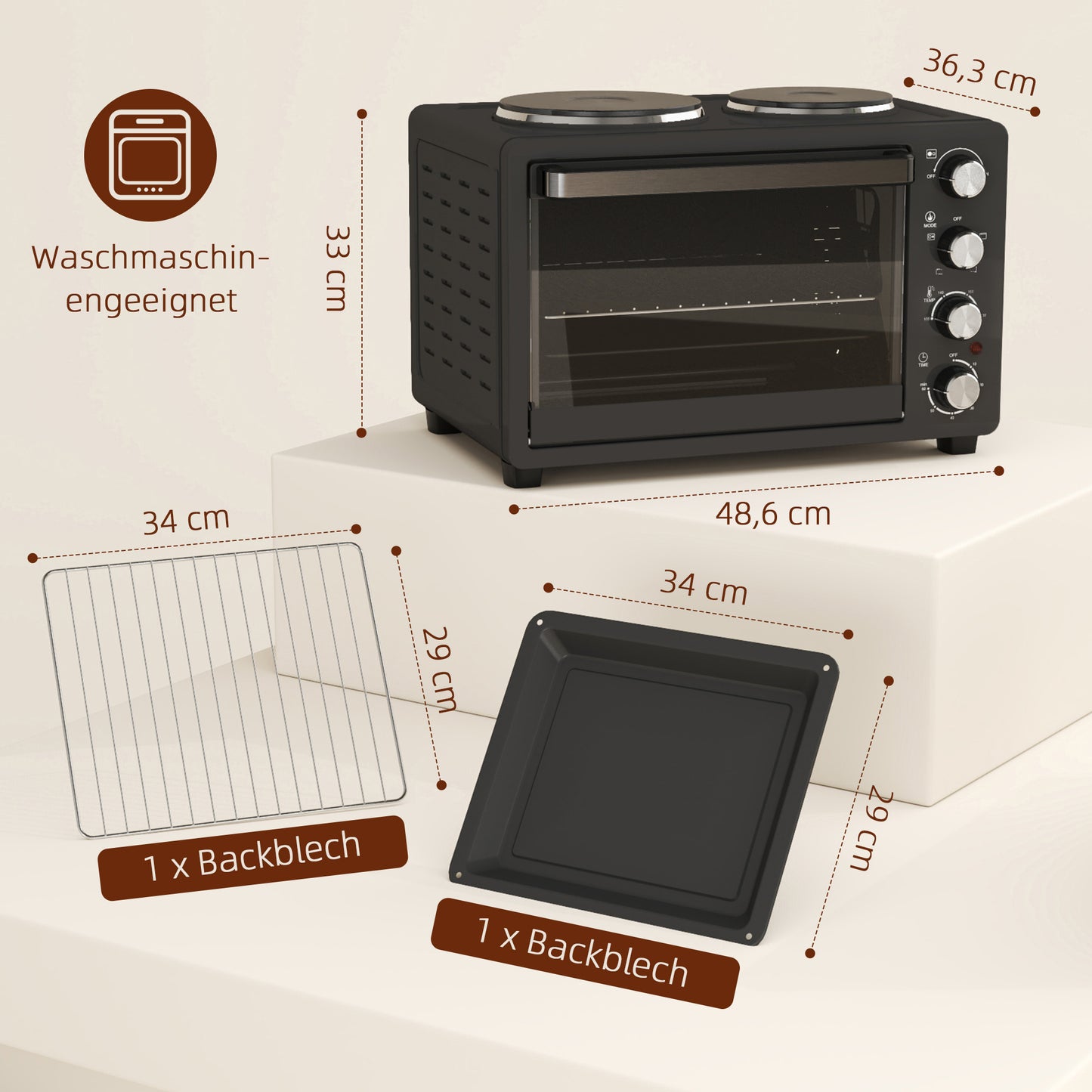 HOMCOM 28 L Toasterofen, Kompakter Backofen zum Kochen und Grillen, Elektro-Ofen mit Backblech, Grillrost, 2600W, Schwarz