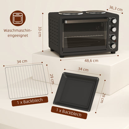 HOMCOM 28 L Toasterofen, Kompakter Backofen zum Kochen und Grillen, Elektro-Ofen mit Backblech, Grillrost, 2600W, Schwarz