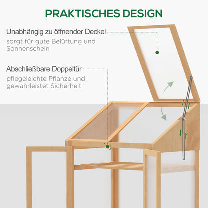 Outsunny Mini-Gewächshaus, kleines Treibhaus mit Holzrahmen, Fenster und Doppeltür, 3 Regale, 70L x 50B x 120H cm, Braun