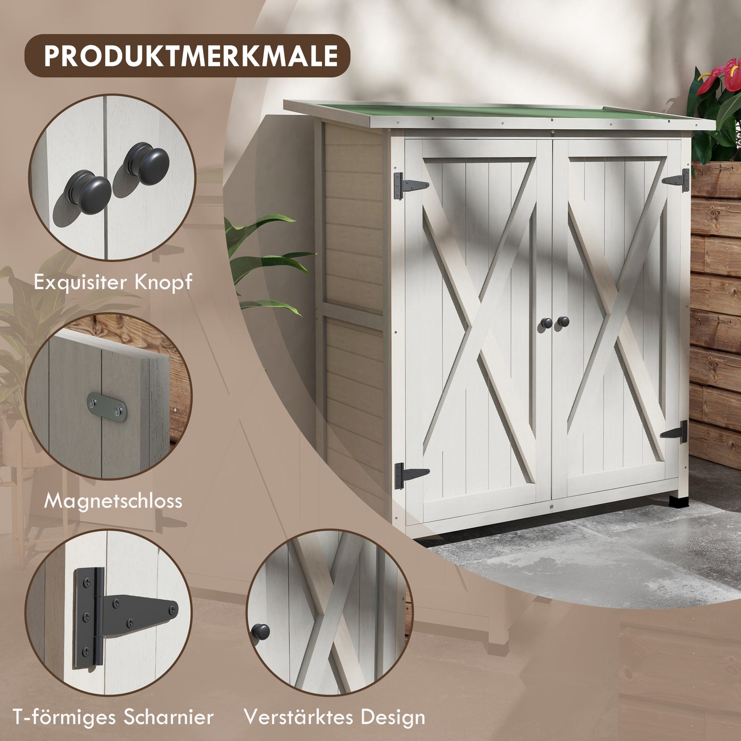 Outsunny Geräteschrank aus Holz mit 2 Türen, Geräteschuppen mit Asphaltdach, 110 x 55 x 117 cm, Hellgrau