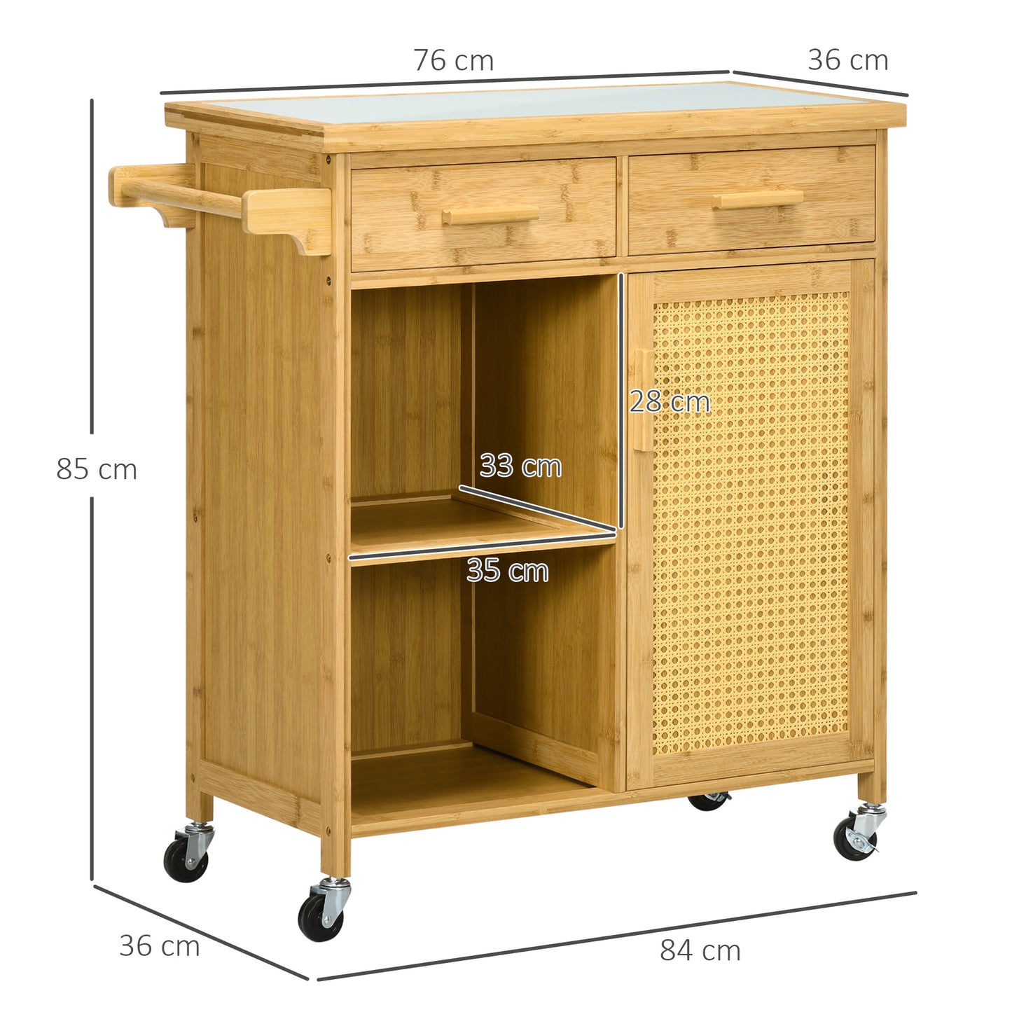 HOMCOM Küchenwagen aus Bambus, Mehrzweckwagen, Sevierwagen, 2 Schubladen, 1 Schrank, 2 Regale, Natur