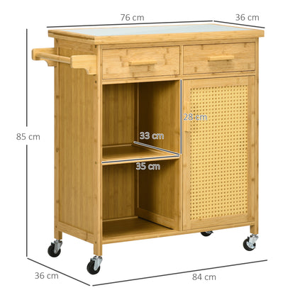 HOMCOM Küchenwagen aus Bambus, Mehrzweckwagen, Sevierwagen, 2 Schubladen, 1 Schrank, 2 Regale, Natur