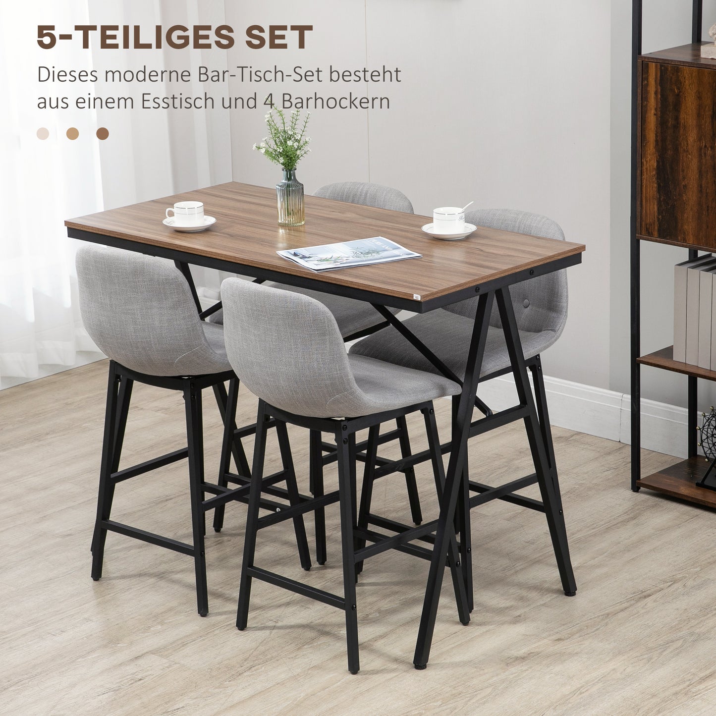 HOMCOM Bartisch mit Barhockern im Industrie-Design, Knopfheftung, 120 cm x 60 cm x 91 cm, Hellgrau