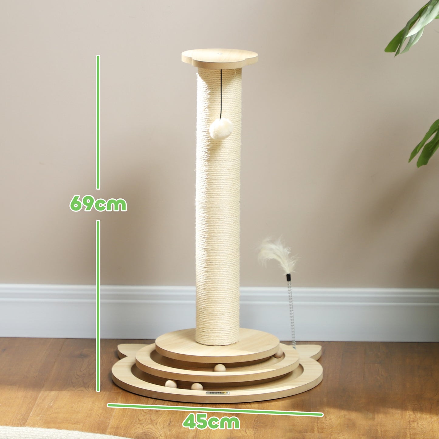 PawHut Katzenkratzbaum, 69 cm, Sisal-Kratzpfosten, Kugelbahn, Spielball, Spielfeder, 4-in-1-Design, Cremeweiß