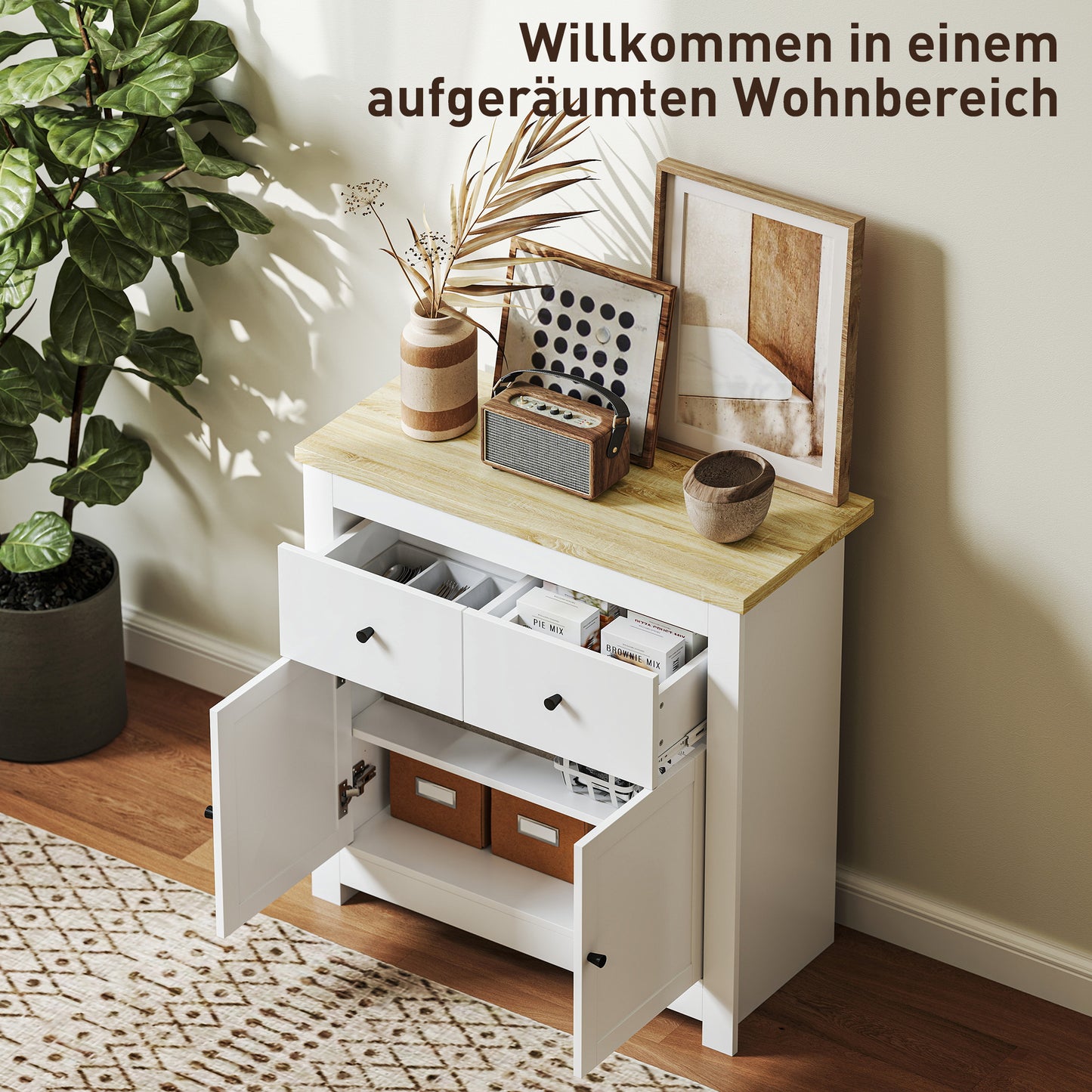 HOMCOM Kommode mit viel Stauraum, Sideboard mit Soft-Close-Türen, 2 Schubladen, verstellbares Regal, Weiß