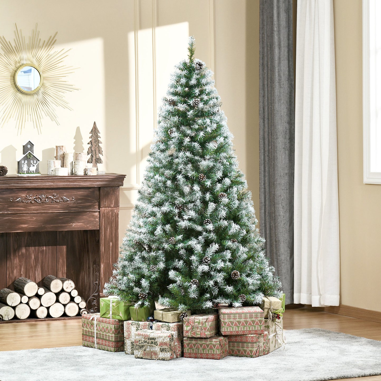 HOMCOM Künstlicher Weihnachtsbaum, 800 Zweige, 61 Zapfen, verschneite Spitzen, feuerfest, 180 cm