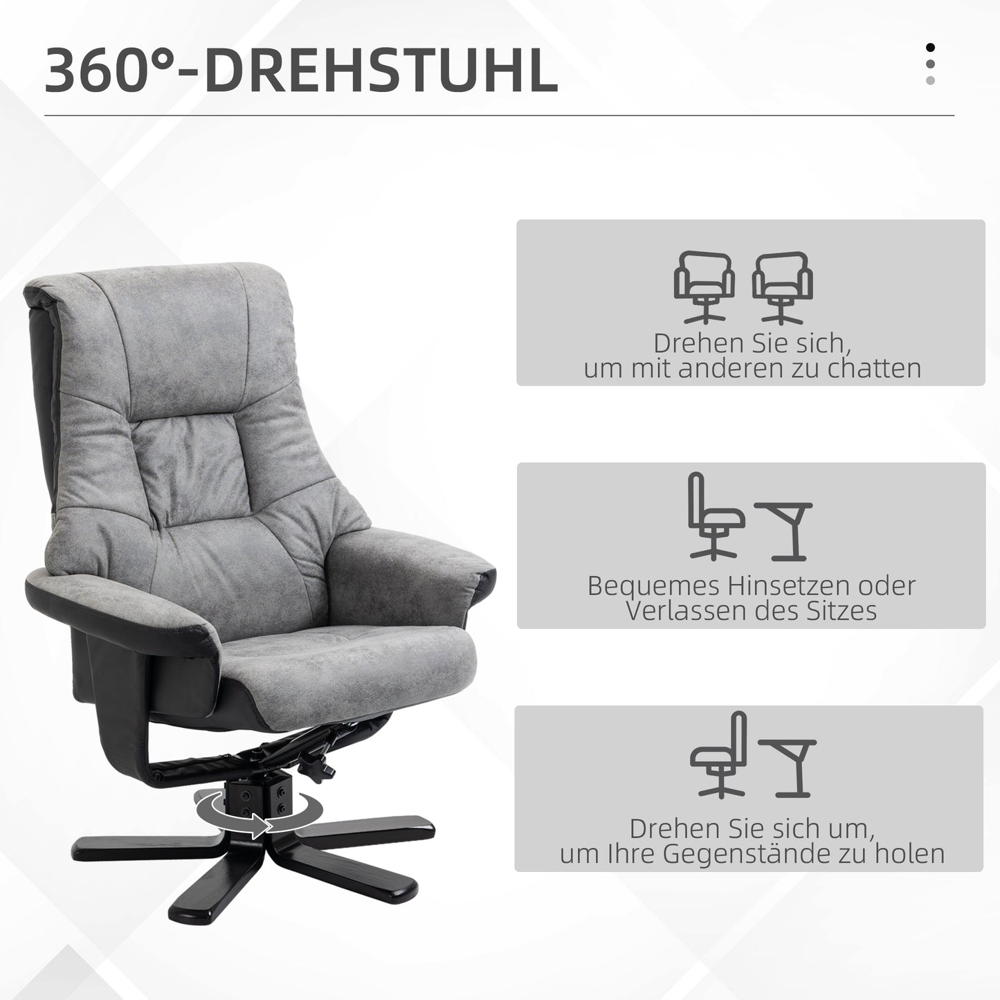 HOMCOM Relaxsessel mit Hocker, 360° drehbar, 135° neigbar, atmungsaktiver Bezug, 78 x 82,5 x 109 cm, grau