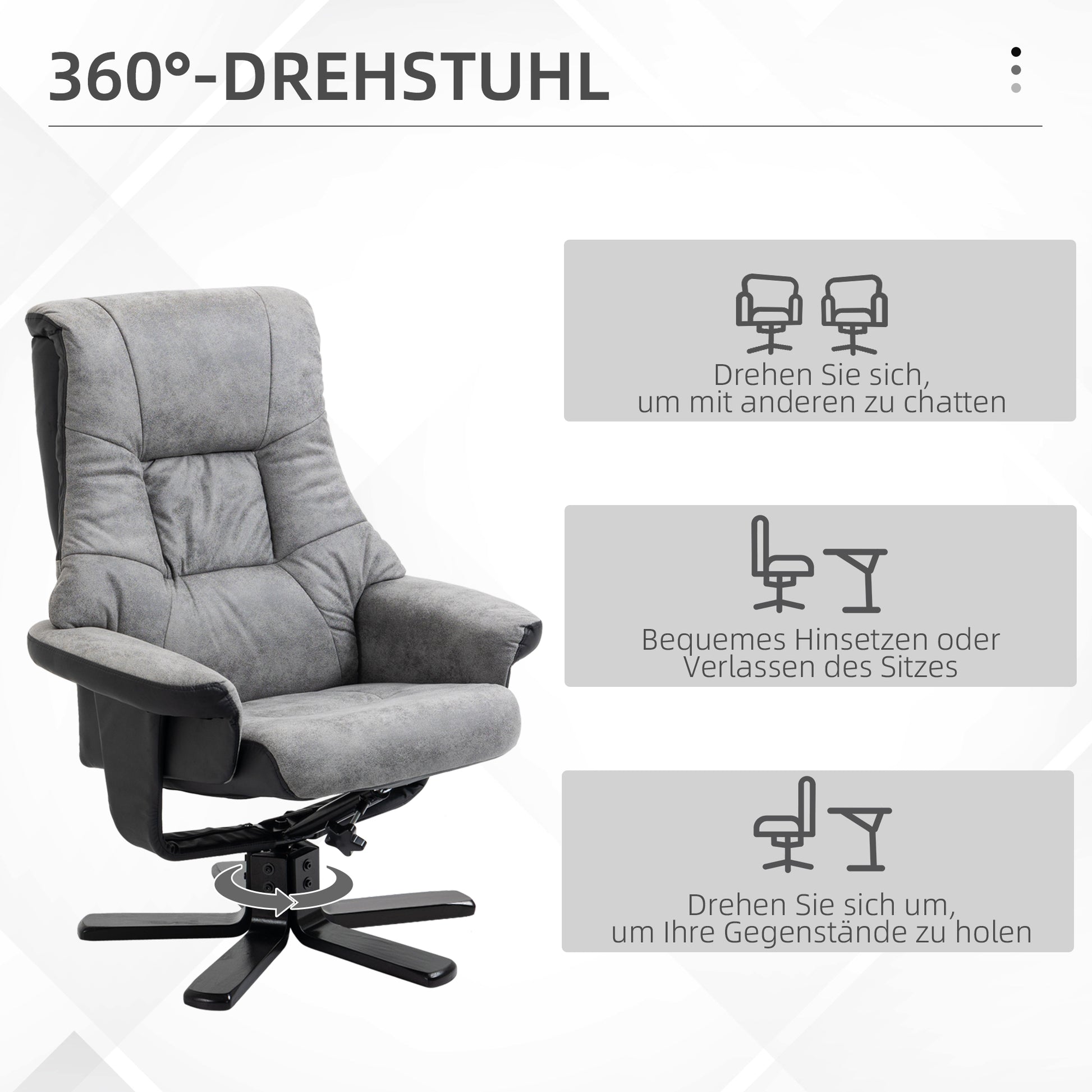 HOMCOM Relaxsessel mit Hocker, 360° drehbar, 135° neigbar, atmungsaktiver Bezug, 78 x 82,5 x 109 cm, grau