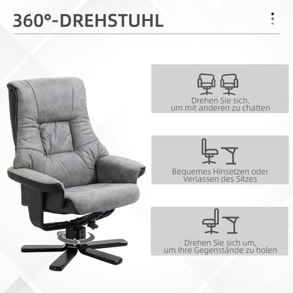 HOMCOM Relaxsessel mit Hocker, 360° drehbar, 135° neigbar, atmungsaktiver Bezug, 78 x 82,5 x 109 cm, grau