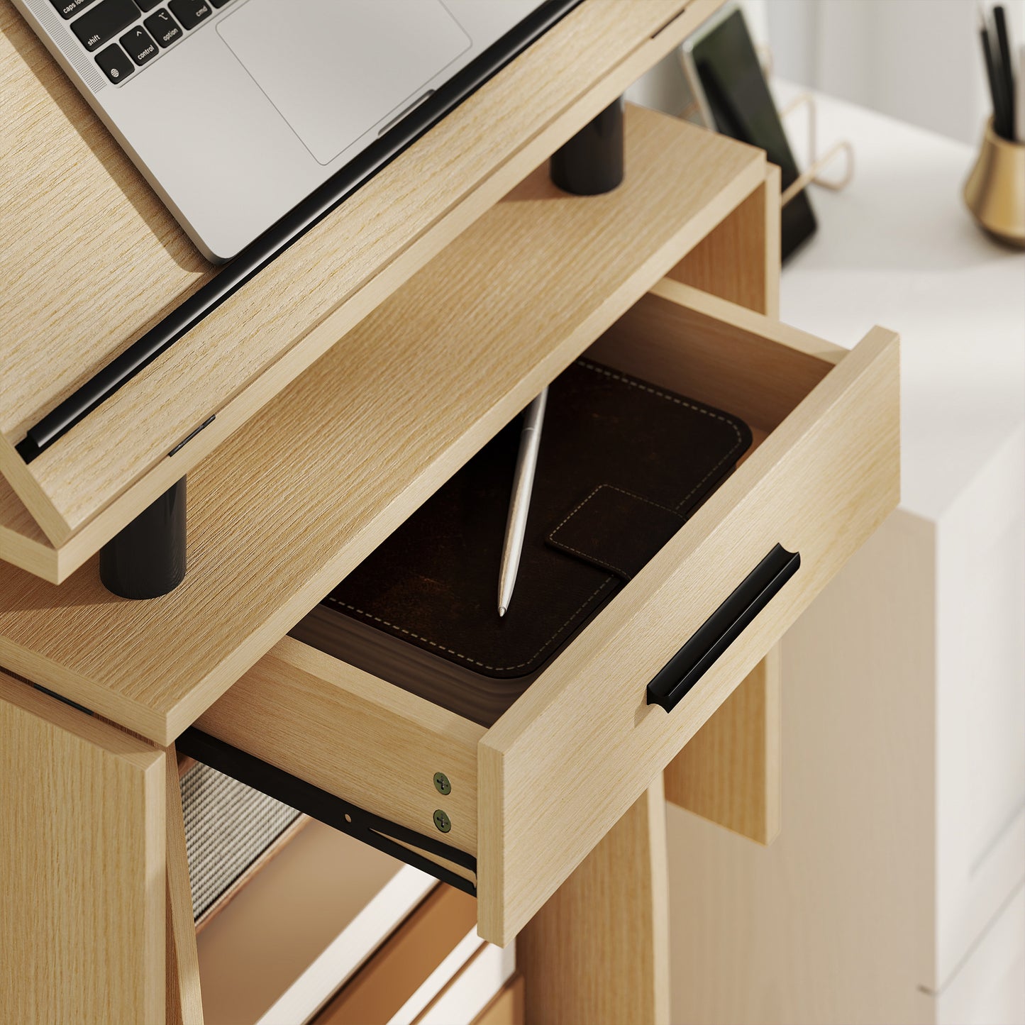 HOMCOM Rollbarer Podiumsständer, Redepult mit klappbaren Seitenflügeln, Laptop-Tisch mit Schublade und Regalen, Eichenoptik