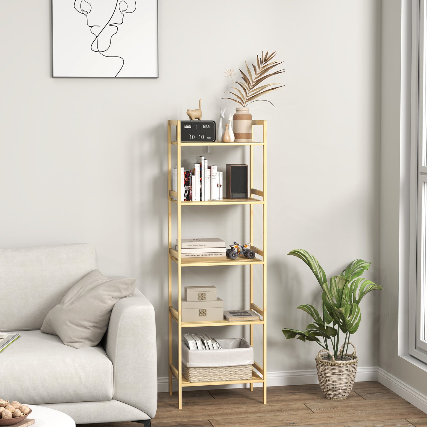HOMCOM Bambus-Badezimmerregal mit 5 Ebenen, Aufbewahrungsregal mit verstellbaren Regalböden, 43,5 x 31,5 x 142 cm, Naturholz