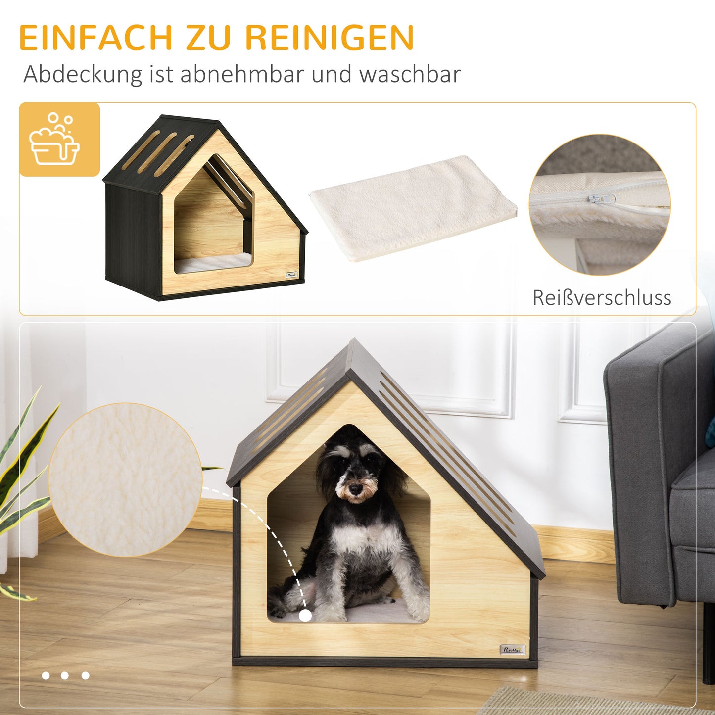 Pawhut Hundehütte Indoor Hundehöhle mit Kissen Hundehaus Hundehöhle mit schrägem Dach Katzenhaus für kleine Hunde bis 8 كجم 60 × 40 × 59,2 سم، براون