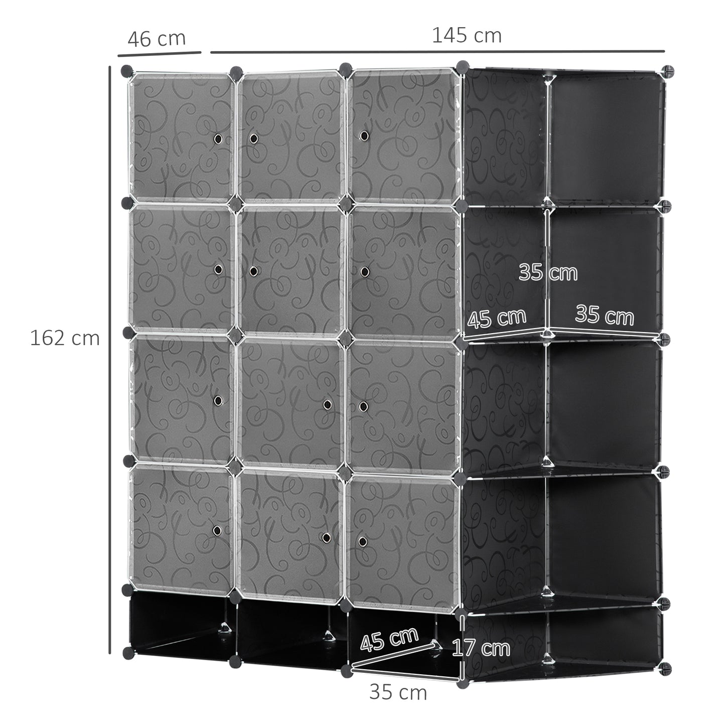 HOMCOM Modularer Aufbewahrungsschrank, Kleiderschrank, 16 Fächer, Kunststoff, Stahl