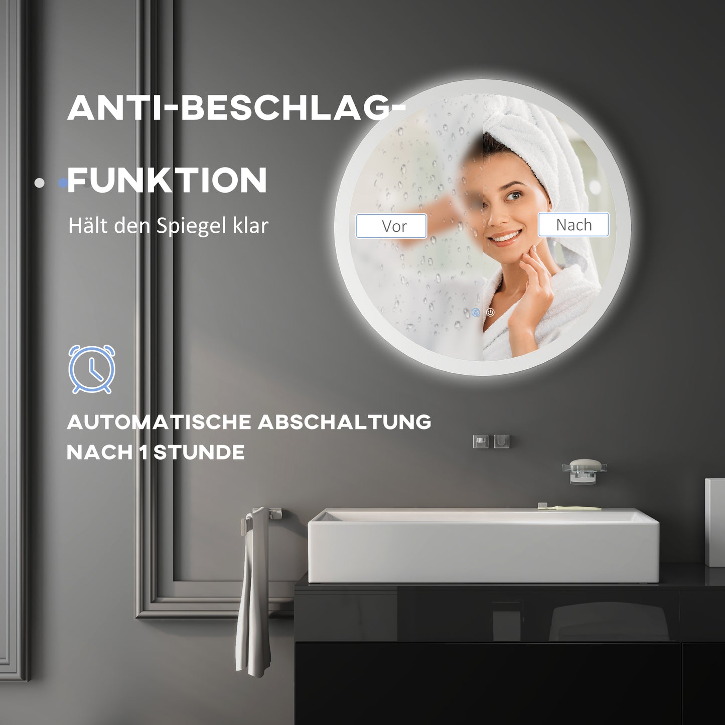kleankin Badezimmerspiegel Badspiegel mit LED-Licht Berührungssensor Antibeschlagfunktion