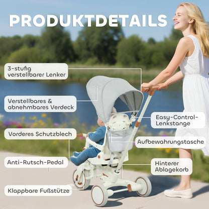AIYAPLAY Kinder-Dreirad, wandelbarer Baby-Buggy, 5-in-1 Design, abnehmbarer Schiebegriff, verstellbar, Sicherheitsgurt, Aufbewahrungstasche, 1-3 Jahre, Cremeweiß