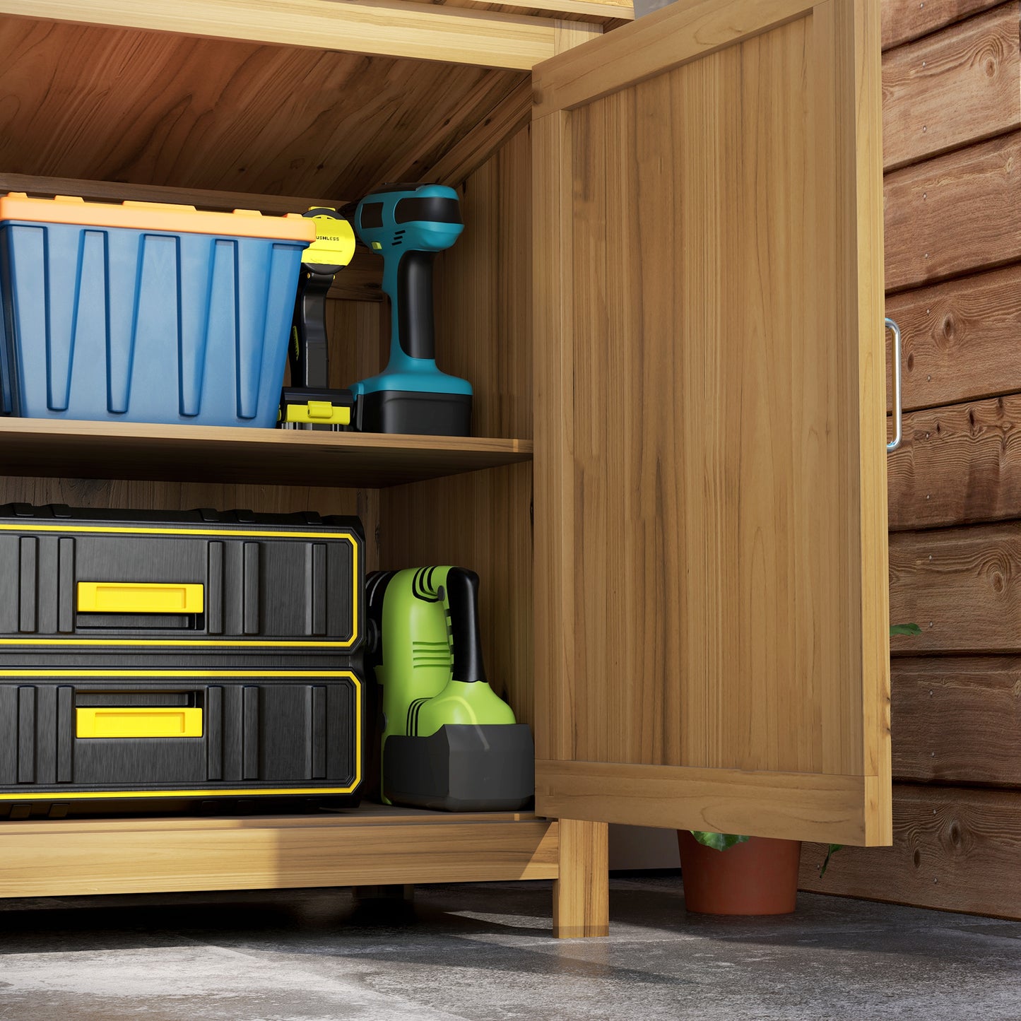 Outsunny Gartenschrank, Holzkommode mit 2 Regalen für Garten, Terrasse, Wetterfest, 110 x 50 x 85 cm, Braun