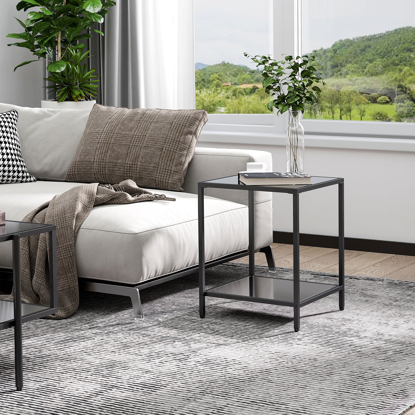 HOMCOM Beistelltisch mit gehärteten Glasplatten, 2 Ebenen, klassisches Design mit Metallstruktur, Schwarz