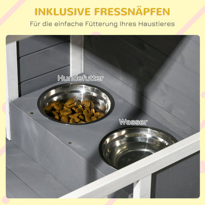 PawHut Hundehütte aus Massivholz، mit 2 Fressnäpfen، Veranda، wetterbeständig، 103 سم × 62 سم ​​× 66 سم، Grau + Weiß