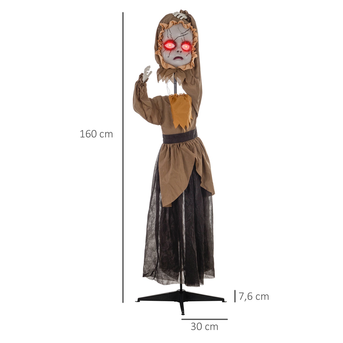 HOMCOM Grusel-Puppe Halloween-Dekoration, beweglicher Kopf, rote Augen, Batteriebetrieb