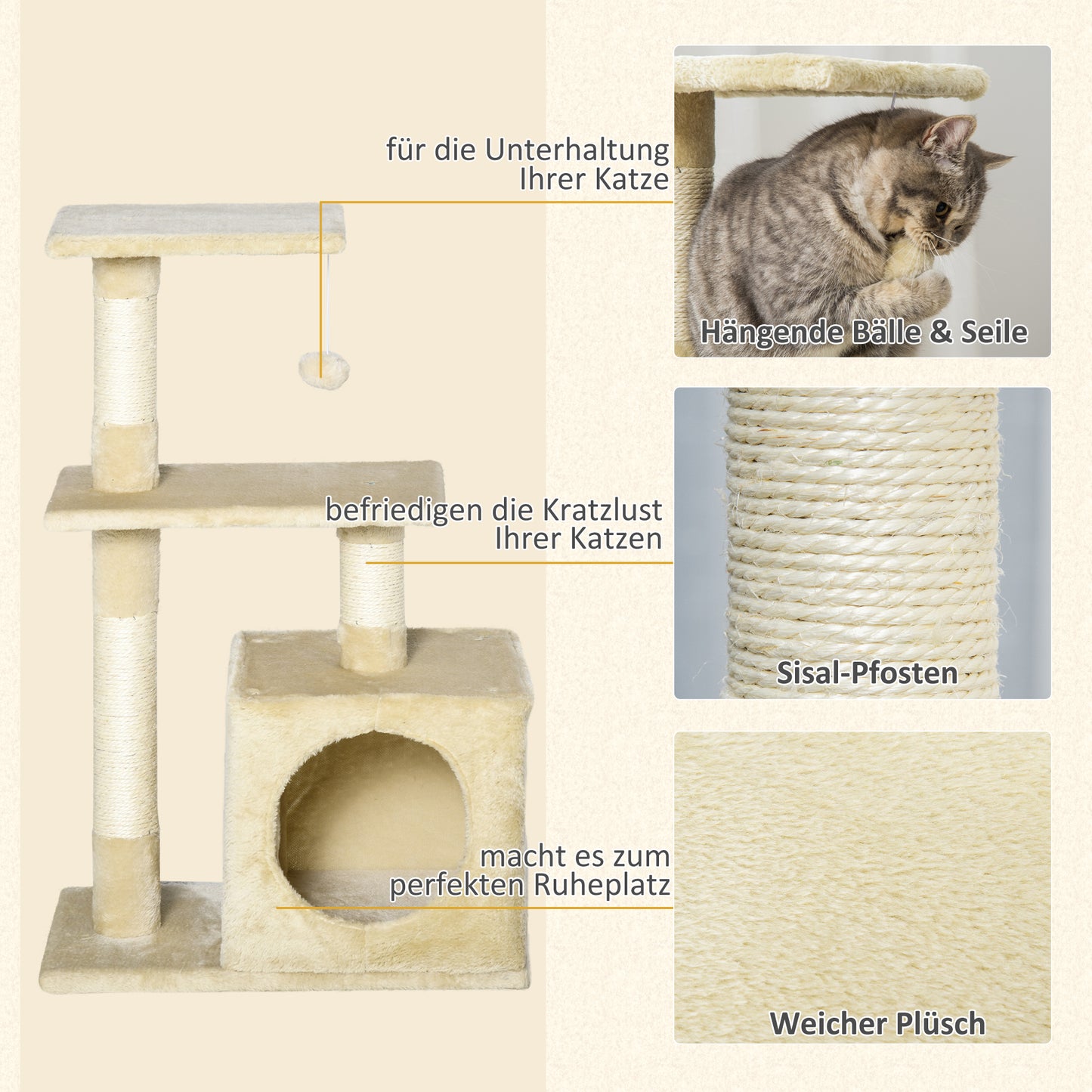 PawHut Kratzbaum mit Sisal Katzenbaum Kletterbaum Katzenmöbel Kratzbrett mit weichem Plüsch Katzenspielzeug stabil E1-Klasse Spanplatte Beige 50 x 30 x 81,5 cm