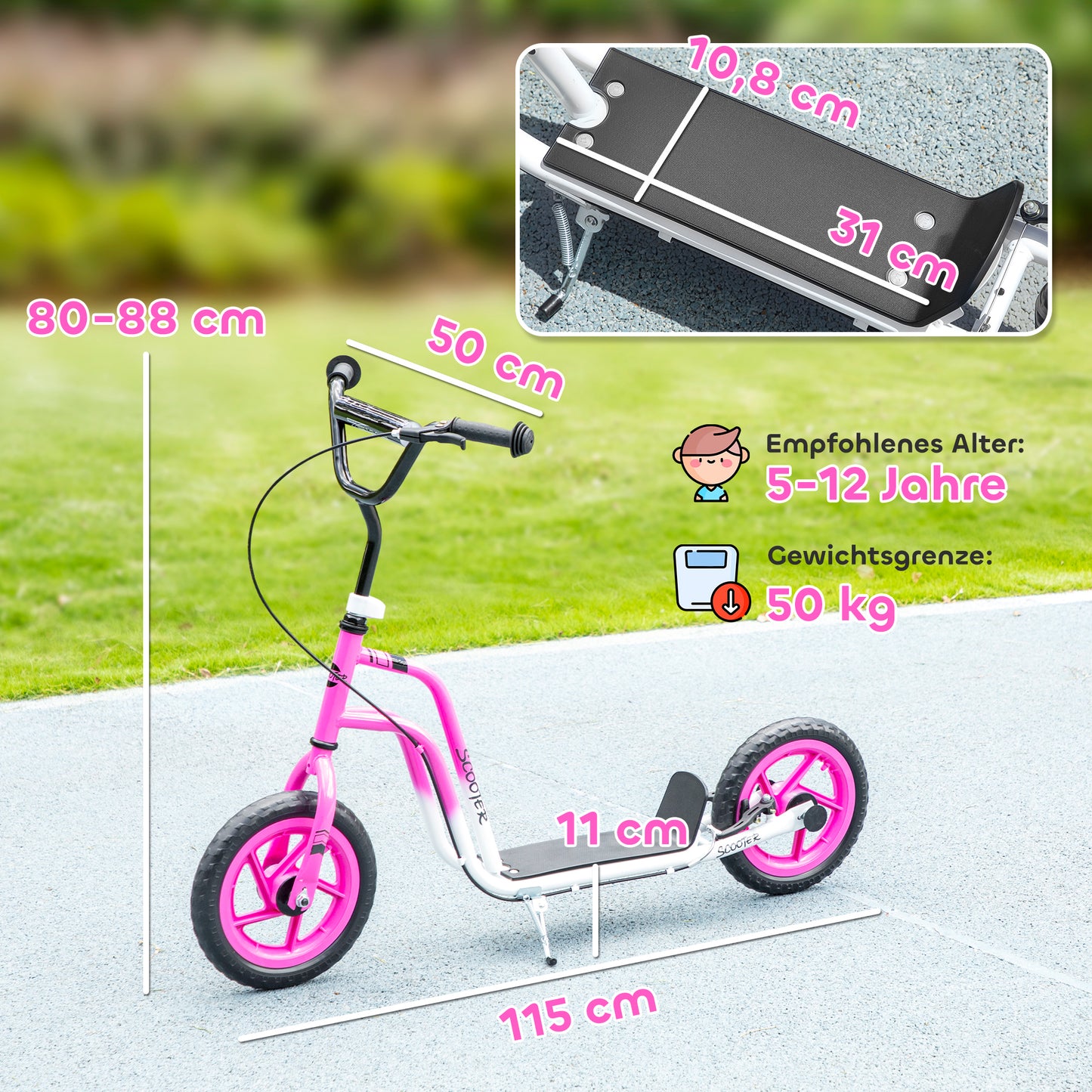 AIYAPLAY Kinderroller mit verstellbarem Lenker, große Räder, Parkständer, Handbremse, für Kinder im Alter von 5-12 Jahren, Rosa