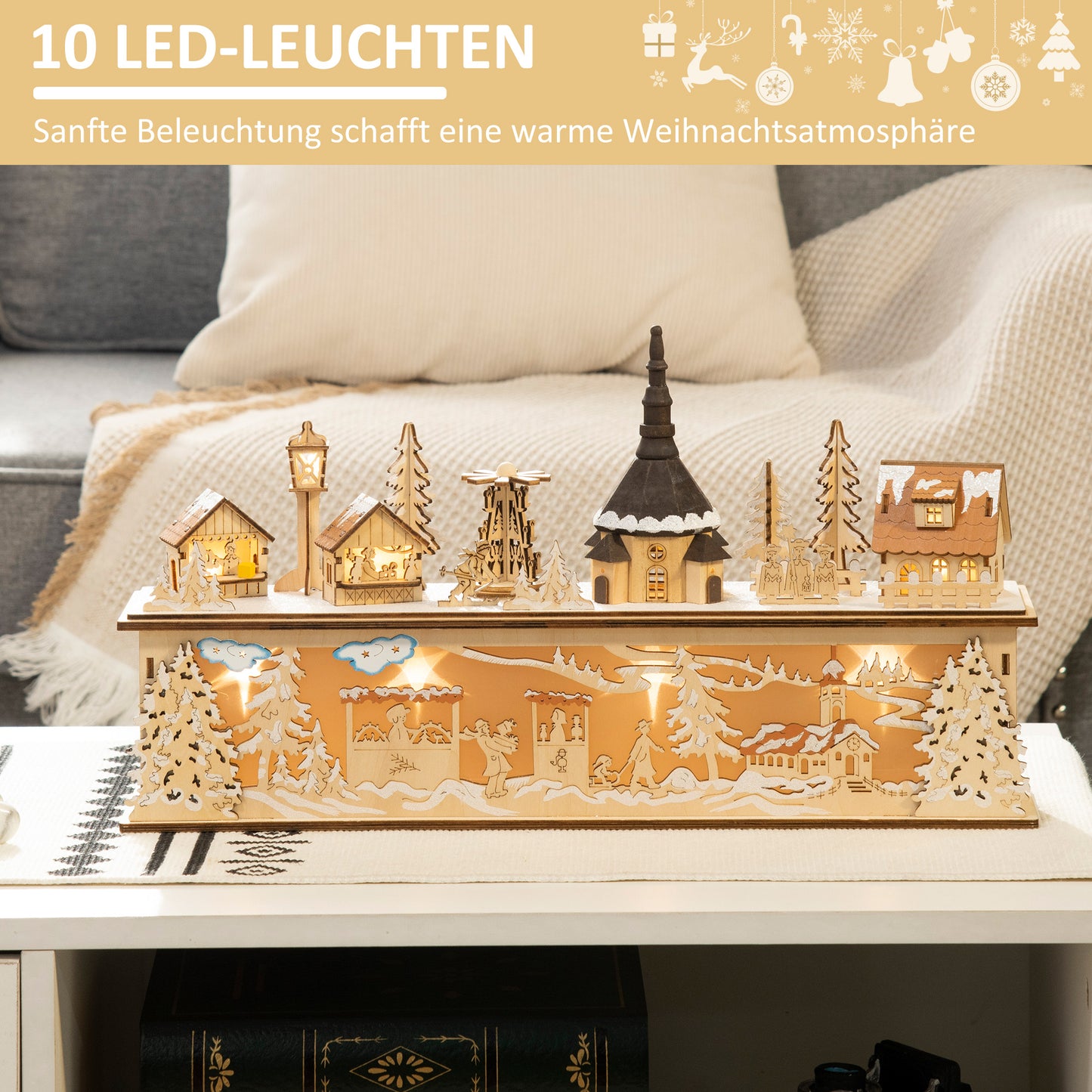 HOMCOM Weihnachtsdekoration، Weihnachtsdorf، 10 مصابيح LED، ضوء دافئ، 45 × 10 × 25 سم، Holzdekor