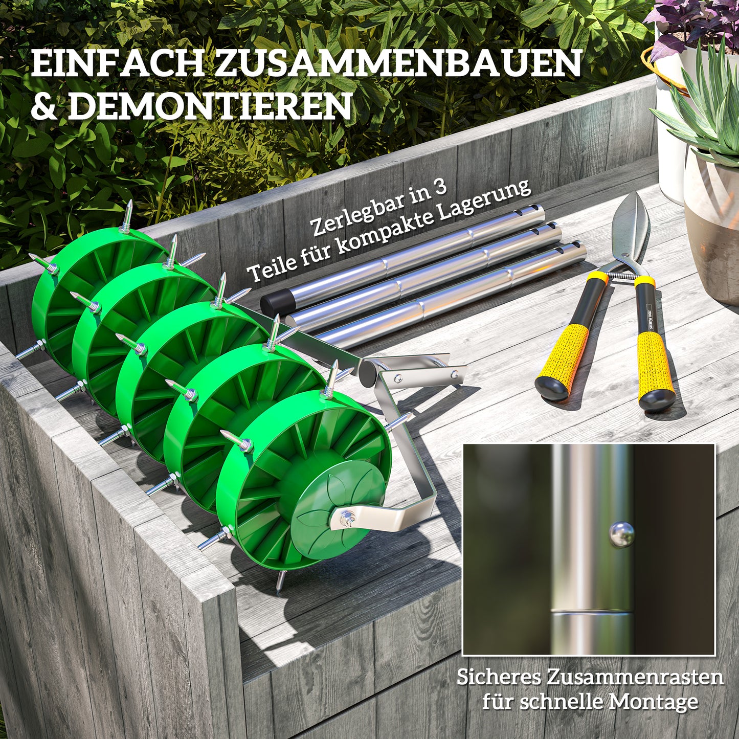 Outsunny Rasenlüfter Aerifizierer für Rasen 45cm Breite Manuell Rasenbelüfter mit 30 Eisenspikes Stahl Dunkelgrün
