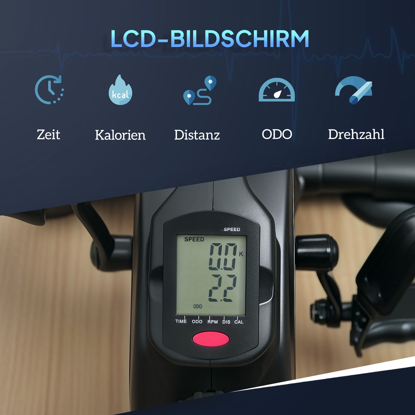 SPORTNOW Mini-Trainingsrad, Fußpedaltrainer, Trainingsgerät mit 8 Widerstandsstufen, LCD-Display, Metall, Kunststoff, Schwarz