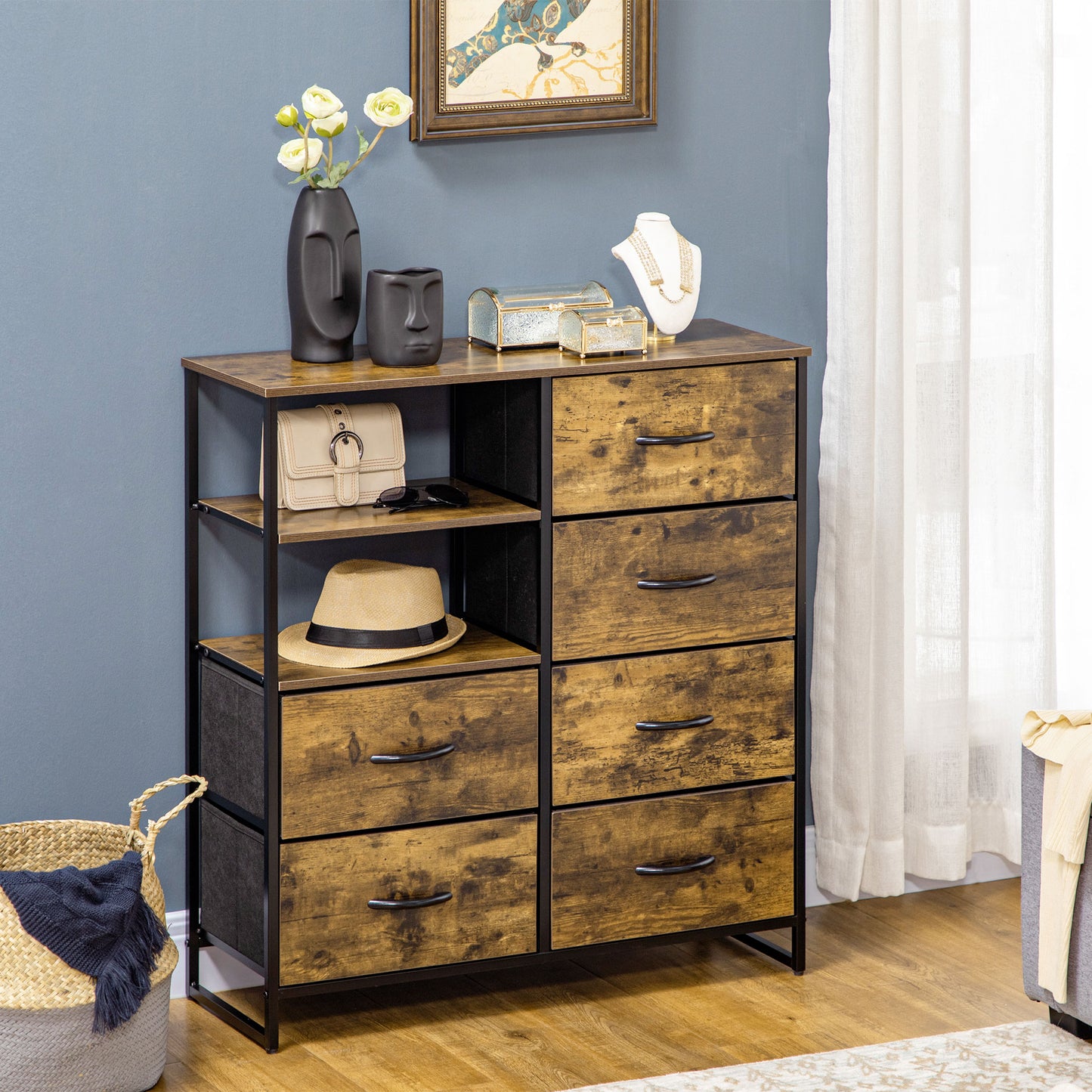 HOMCOM Kommode mit sechs Schubladen, offene Regale, MDF und Stahl, 84x30x92 cm, Braun/Schwarz, verstellbare Füße