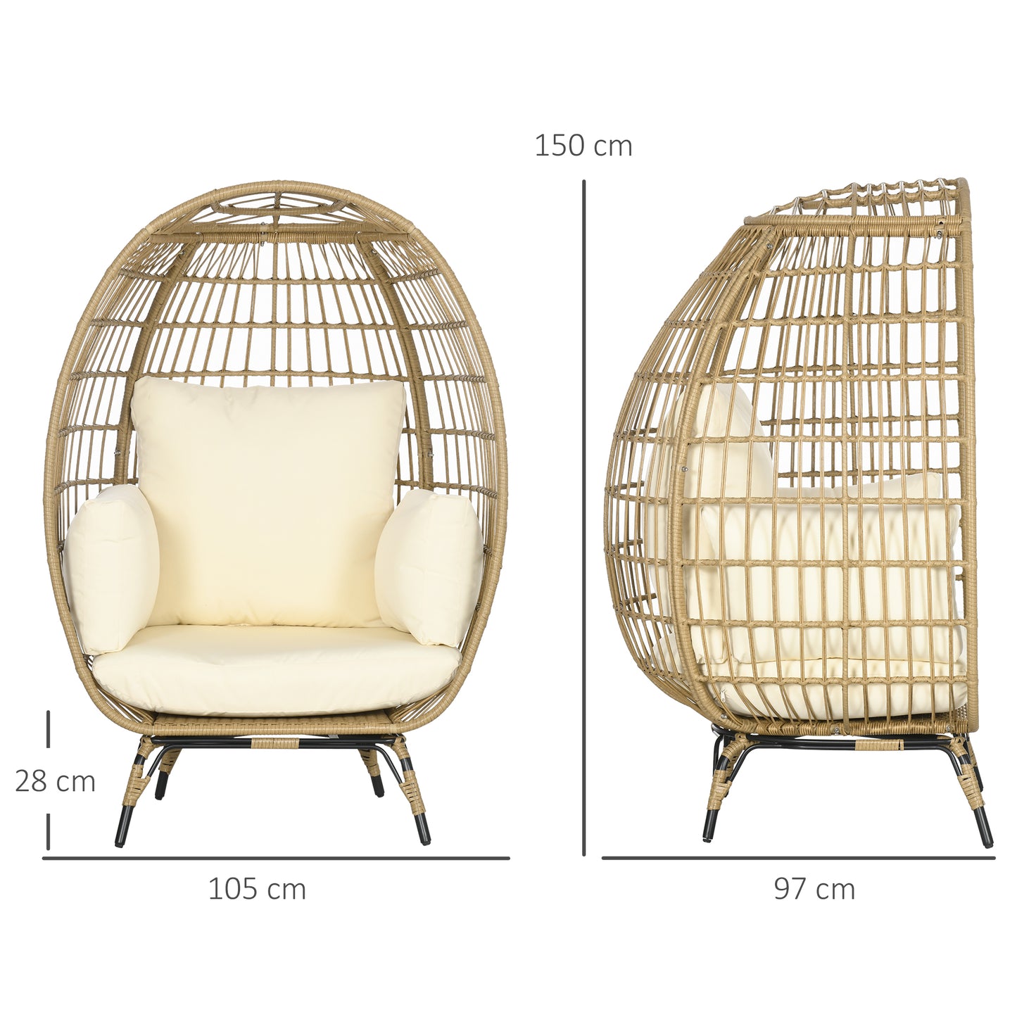 Outsunny Korbstuhl in Rattanoptik, weiche Sitzkissen, Aluminiumrahmen, khaki+beige, 105 x 90 x 148 cm